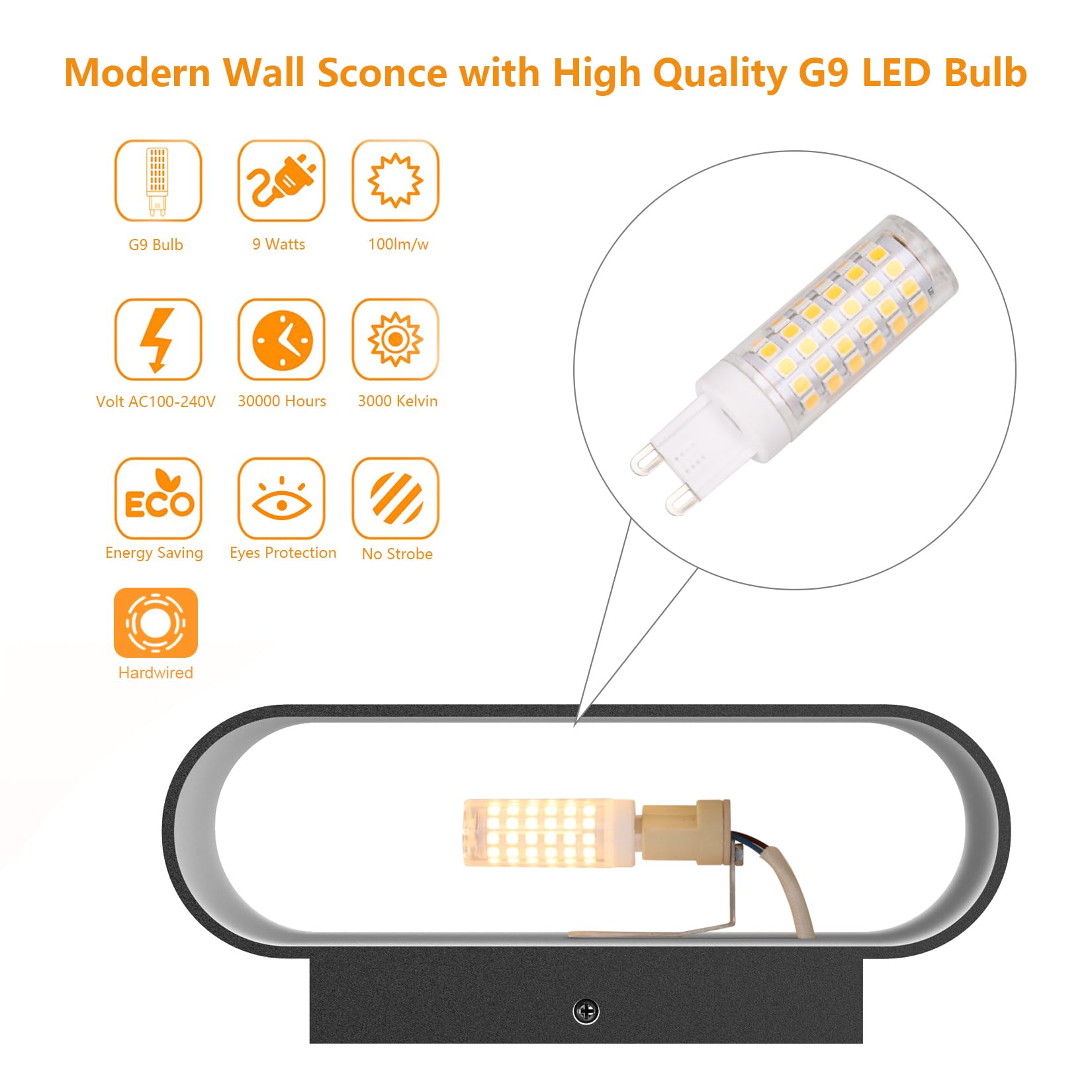 Aipsun LED Wall Sconces Set of 2, Modern Black Indoor Lights, Hardwired Up and Down, G9 Bulbs, 3000K Warm White, Model HW620
