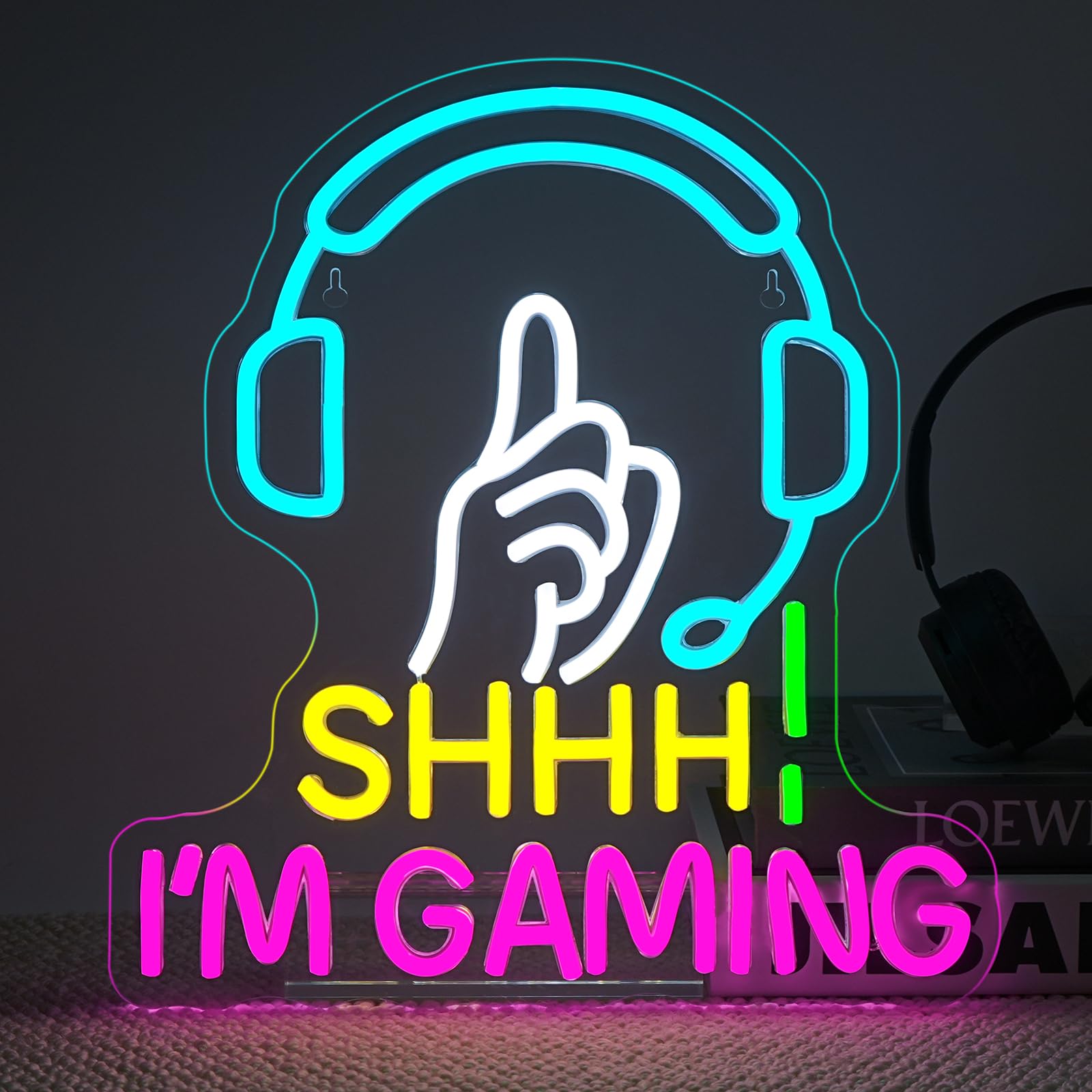 Wanxing Gaming Neon Sign Blue Headset Hand Gesture USB Powered Dimmable Wall Decor, Pink Color, Ideal for Game Room, Bedroom, Man Cave