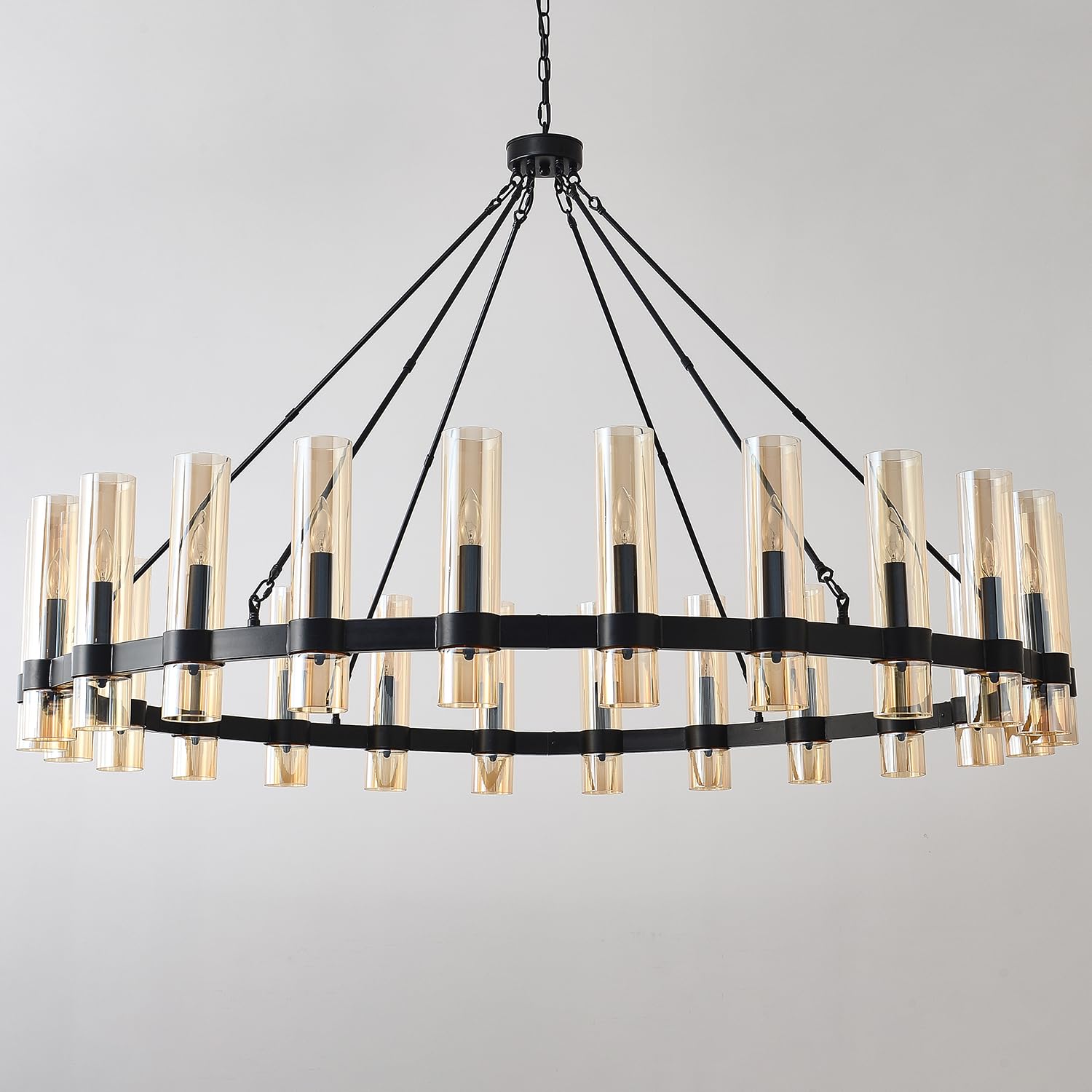 Jklx 60 Inch Black Wagon Wheel Chandelier, 24 Lights, With Brown Glass Shade, Large Hanging High Ceilings Chandeliers For Dining