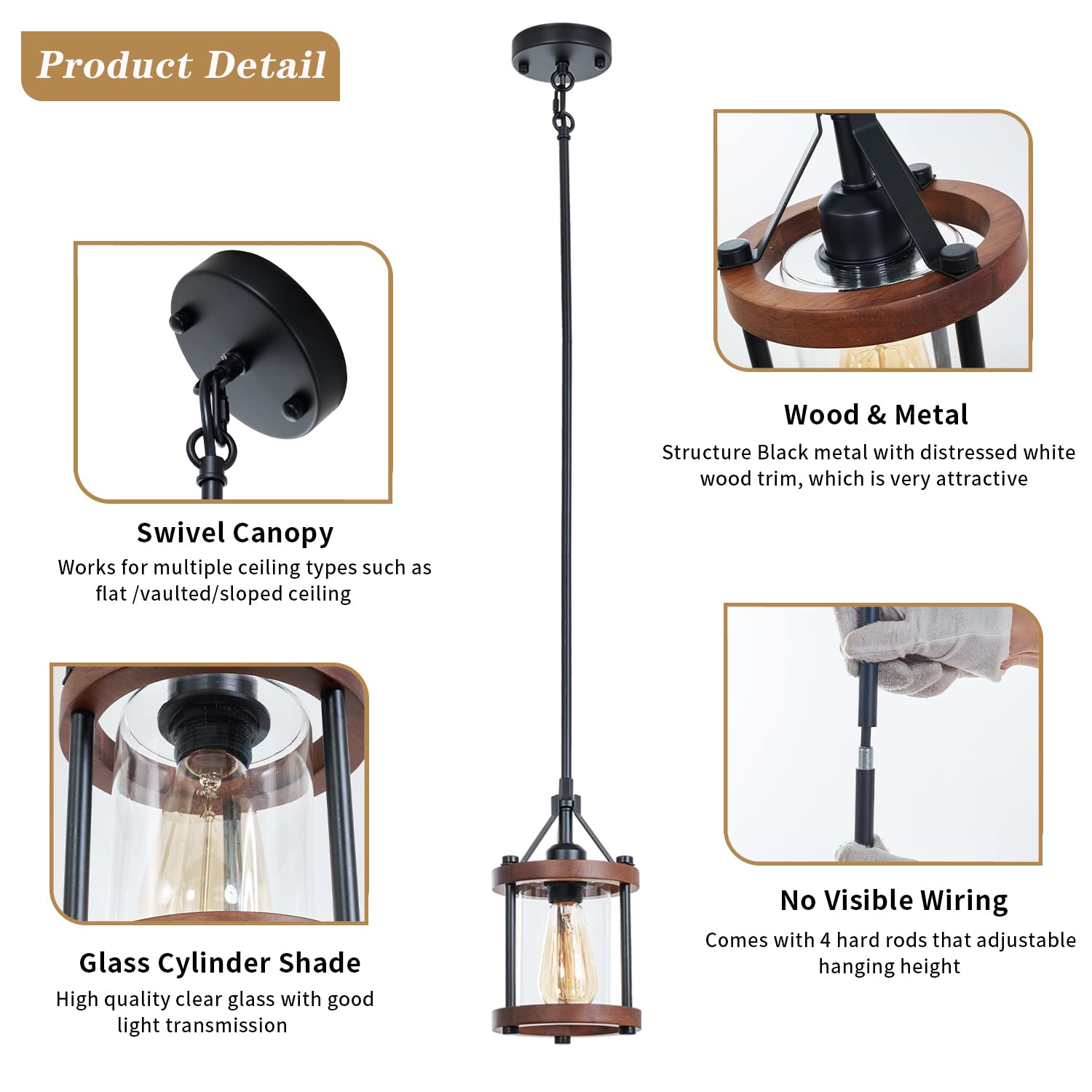 Farmhouse Pendant Light In Wood And Metal Cage, Rustic Brown Wood Pendant Light With Glass, Adjustable Hanging Light Fixtures, Mini Pendant Lighting For Kitchen Island, Hallway, Foyer, 1 Pack