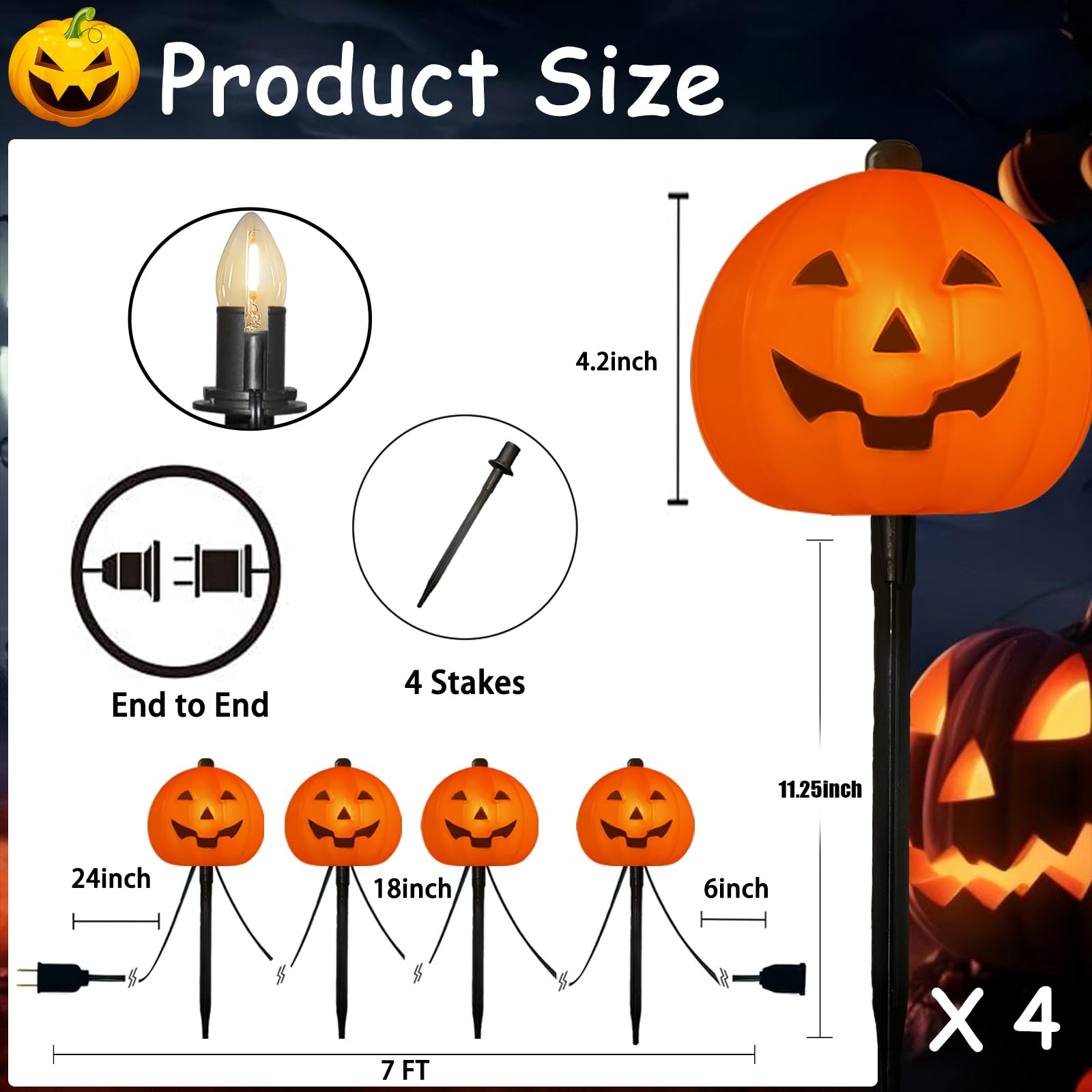 Egcol 4 Pack Halloween Pumpkin Pathway Lights - 7Ft Outdoor Decorative String Lights With 4 Jack-O-Lantern Stake Lights For Hall