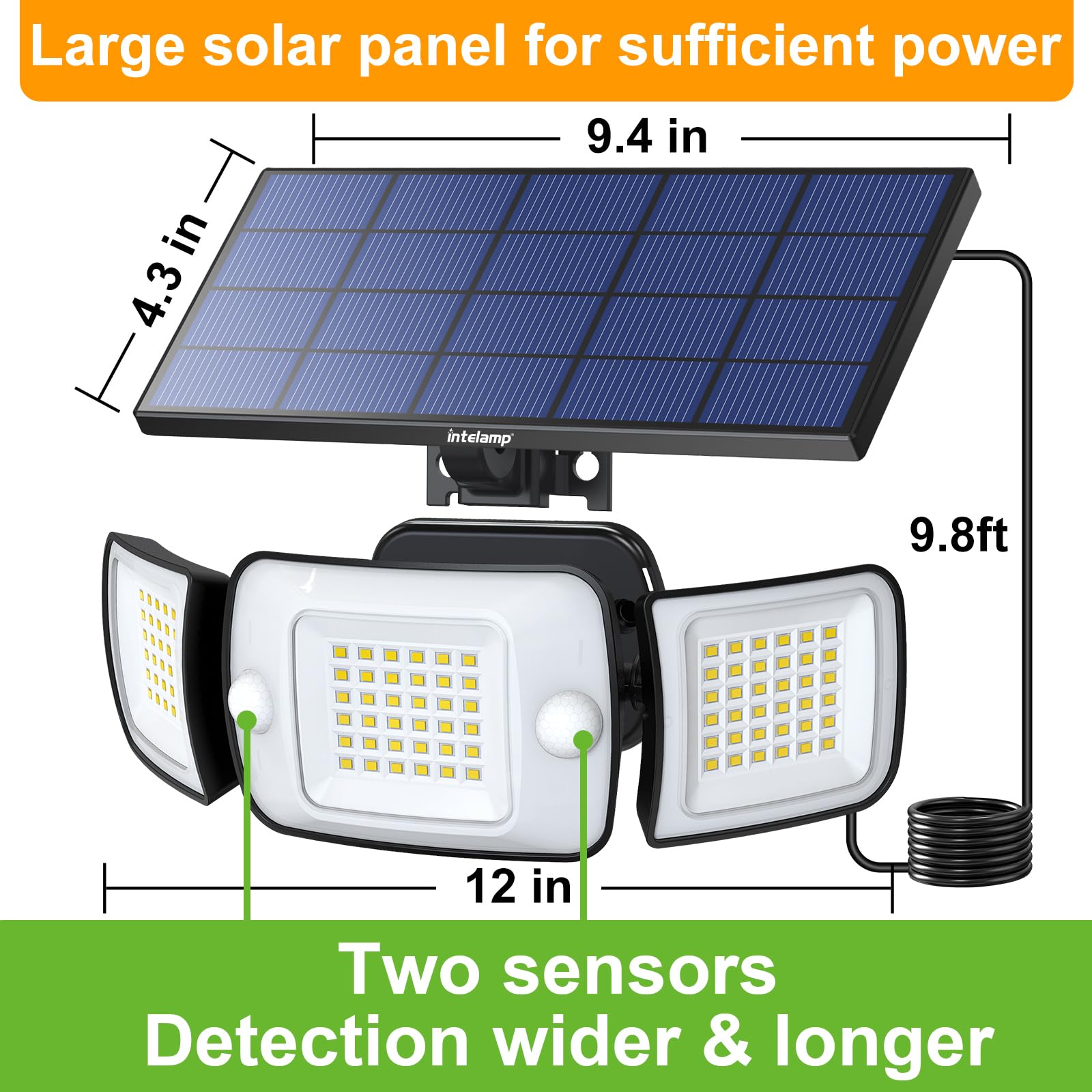 intelamp Solar Flood Light, 6000mAh, 1200LM, Dual Motion Sensor, Waterproof, 9.8ft Cable, Black, Model YL002-12B