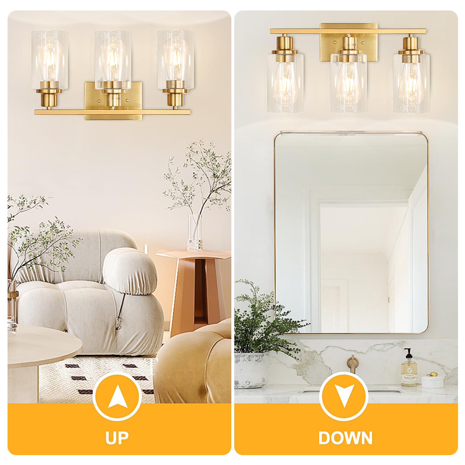 Apenath Gold Bathroom Wall Lights Brushed Brass 3-Light Vanity Light Fixtures Modern Wall Sconces With Clear Glass Shade, Bathro