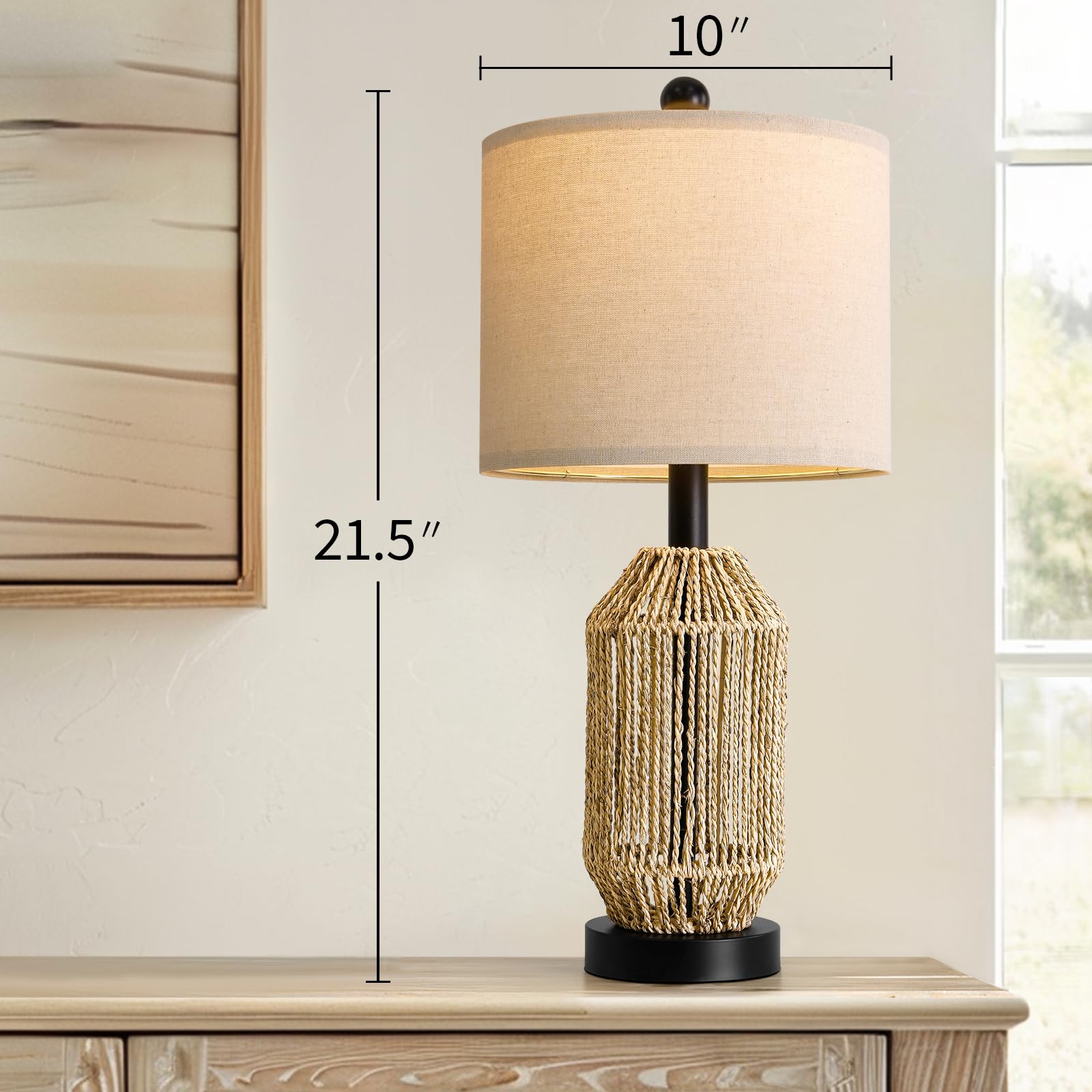 Oyears 21'' Boho Table Lamps Set Of 2 For Living Room, Bedside Lamps For Nightstand, Rattan Lamp For Bedroom, Farmhouse Table La
