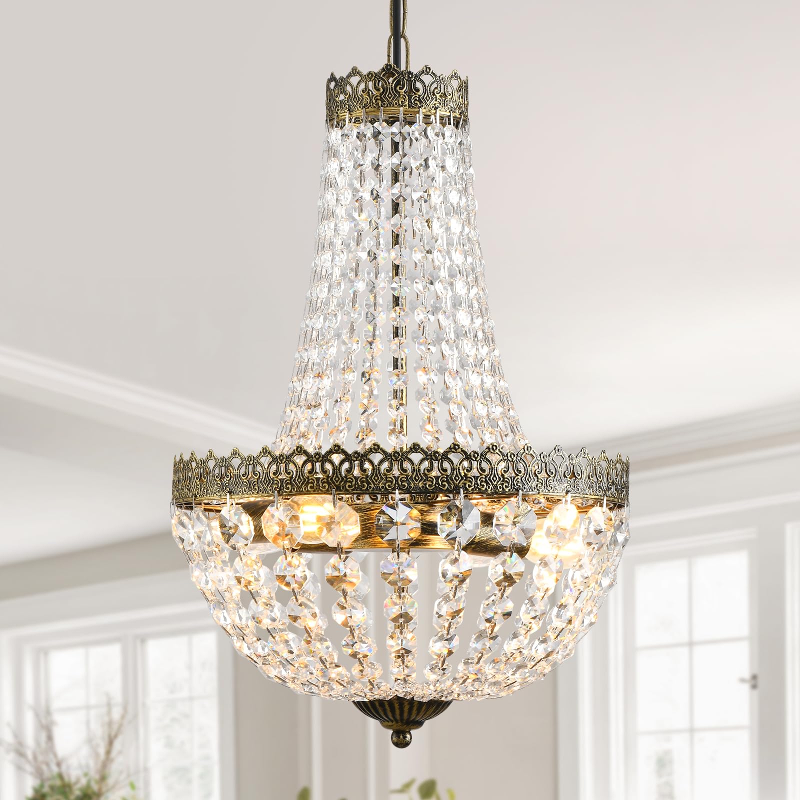 Kaiqi 4 Lights French Empire Mini Crystal Chandelier Farmhouse Pendant Lighting, Bronze Finish Ceiling Light Fixture For Dining Room Bedroom Foyer Living Room, W12.6 X H19.7