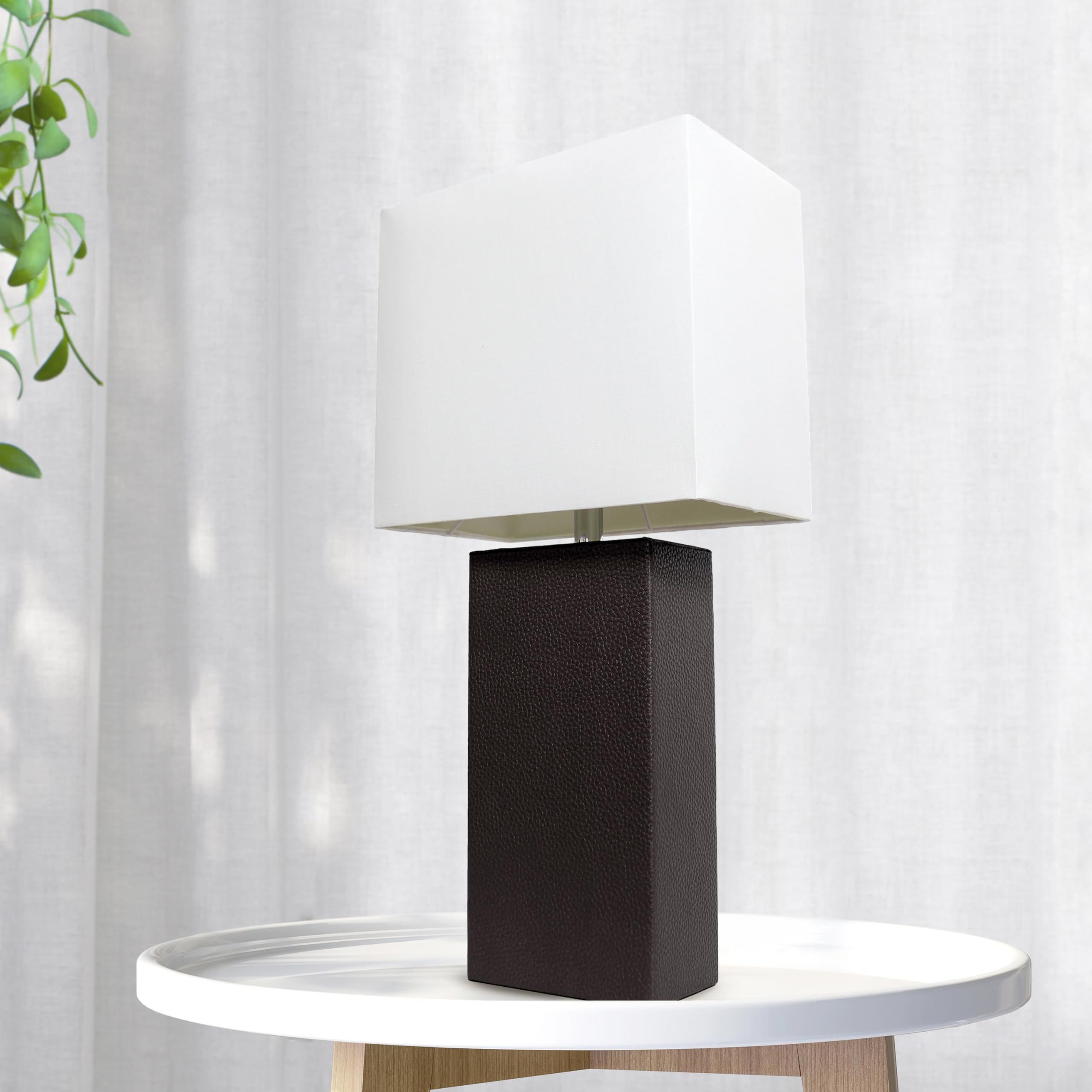 LALIA HOME Lexington 21in Leather Base Bedside Table Lamp, Black, Engineered Wood, White Rectangular Shade, Model LHT-3008