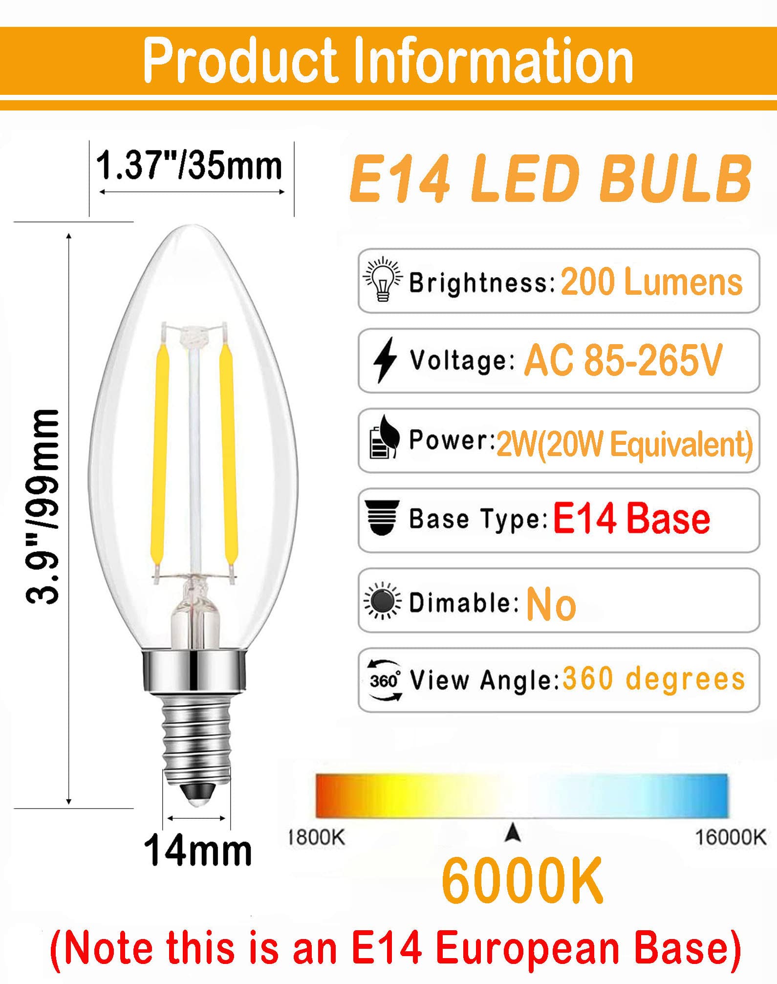 Lamsky E14 Led Filament Candle Shape Light Bulb,E14 European Base Bulb,Daylight 6000K 200Lm 20W Equivalent,C35 Clear Glass Torpe