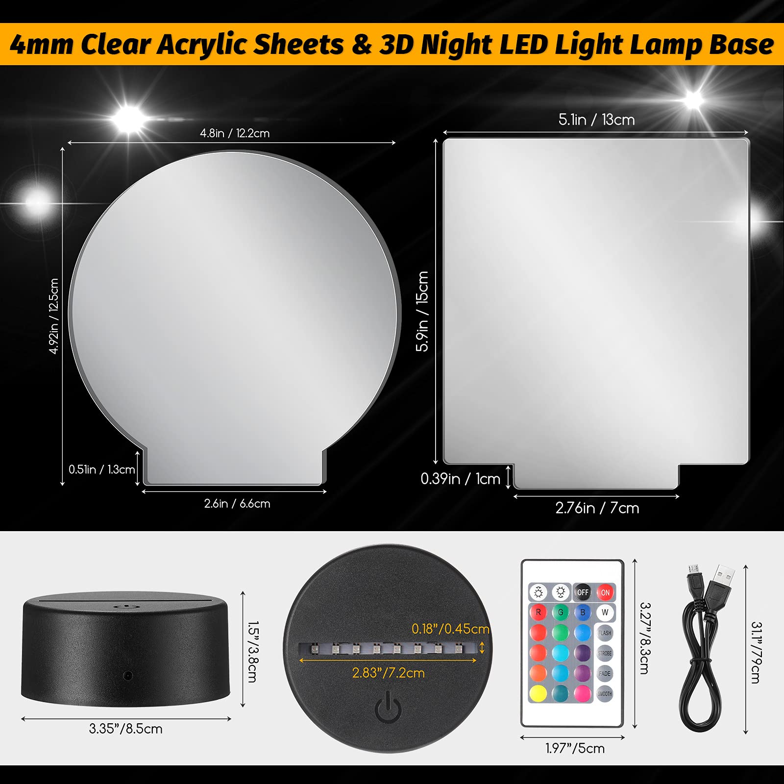 4 Pieces 3D Night Led Light Lamp Base And 4 Pieces Clear Acrylic Sheets With Remote Control And Usb Cable, Christmas Diy Acrylic
