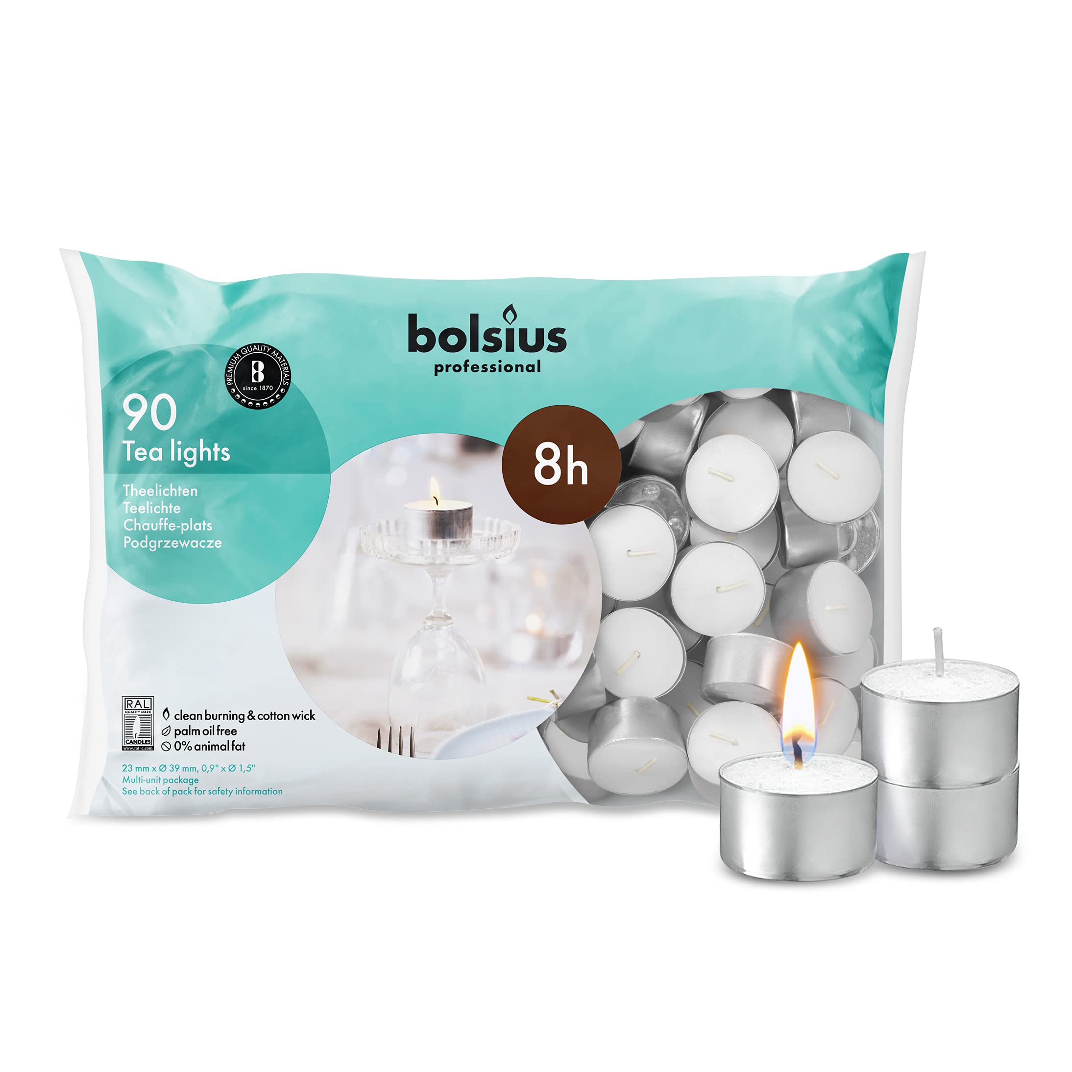 BOLSIUS Tea lights candles - Pack of 90 White Unscented Candle lights with 8 Hour Burning Time - Tea Candles for Wedding  Home  Parties  and Special Occasions