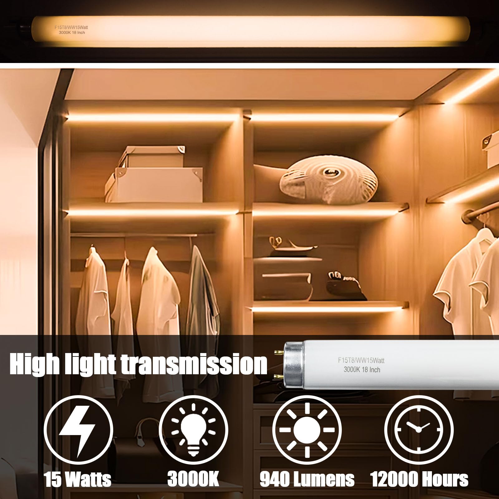 18 Inch F15T8/Ww Replacement Bulb Compatible Philips Alto Eco Ge Staco Light Fixture, T8 Fluorescent Bulb 15 Watt 3000K, 900 Lum