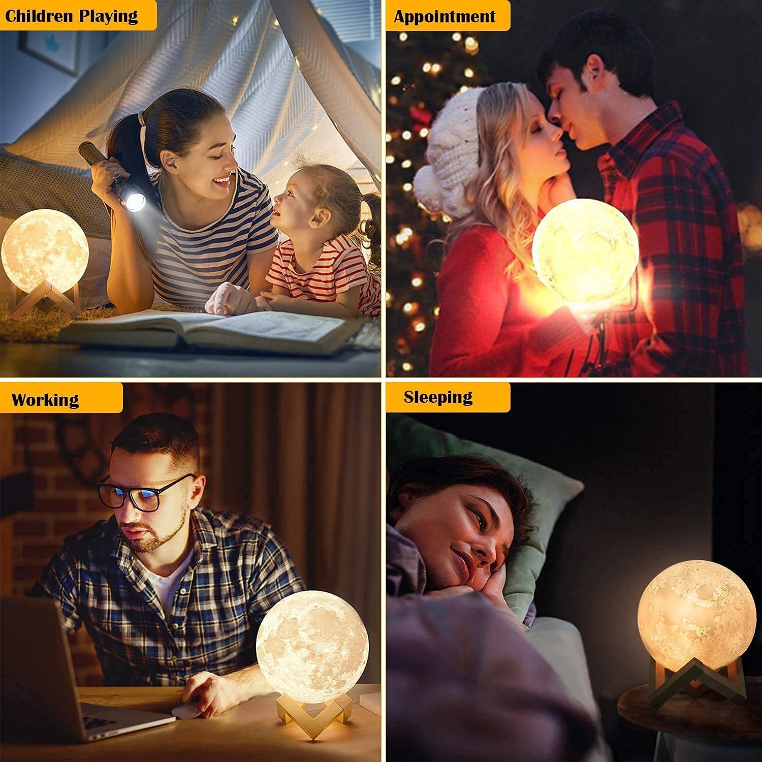 CPLA 3D Printing Moon Lamp Night Light, 6 inch, Multicolor, Model LX-YQL1216, Wooden Stand, Remote/Touch Control