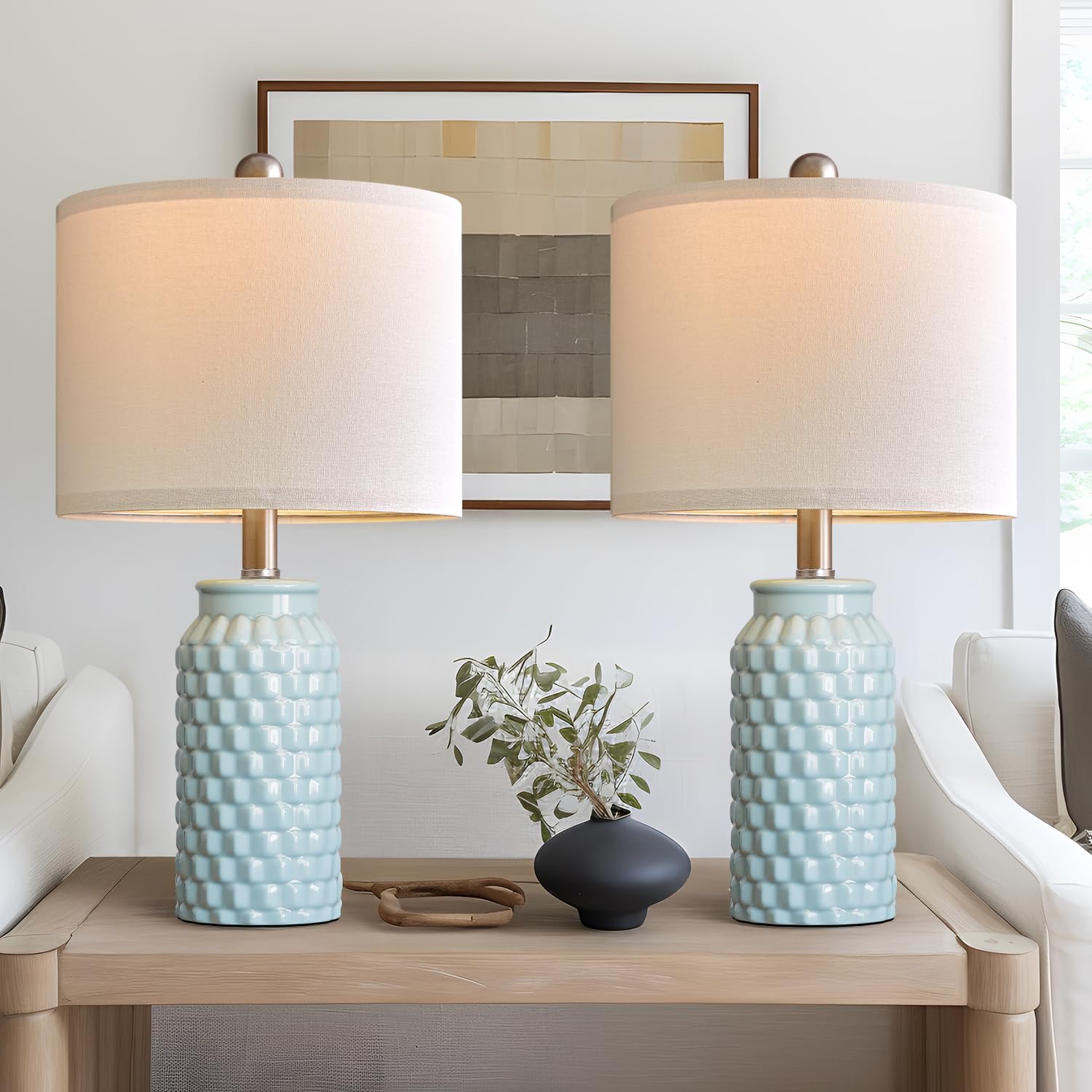 USumkky Ceramic Bedside Lamp Set of 2, 20.5in Light Blue, Modern Table Lamp for Bedroom and Living Room Decor