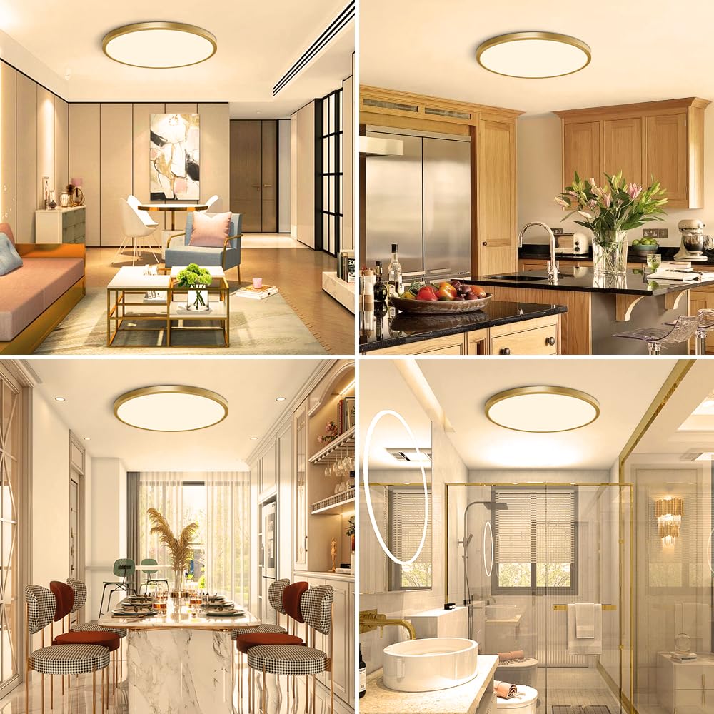 Fletergib 12 Inch Gold Led Ceiling Light, 3000K Warm White, 24W Gold Flush Mount Ceiling Light, 3200Lm Round Low Profile Ceiling Lights For Bedroom, Living Room, Dining Room