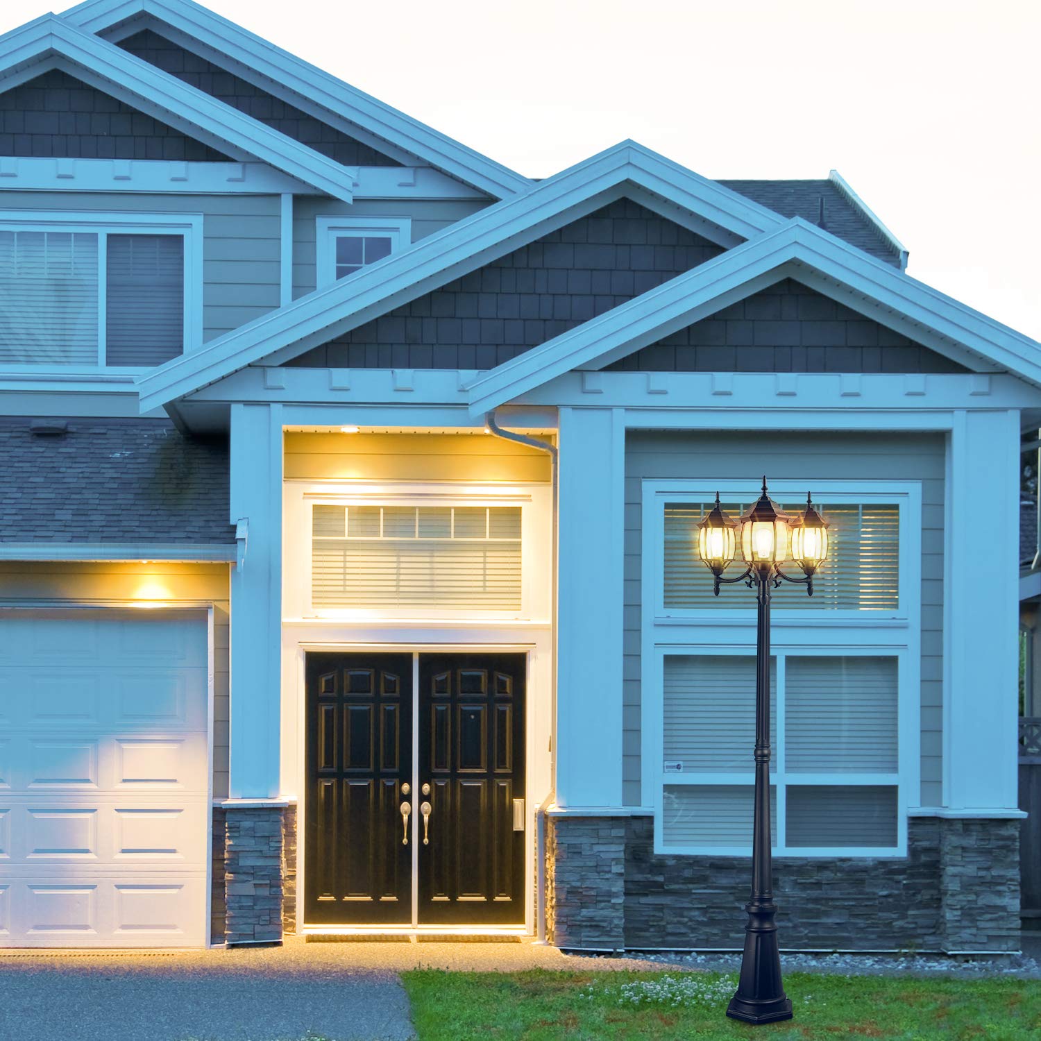 PARTPHONER Outdoor Lamp Post Light 3-Head, Black Aluminum, E26 Base, 100W Max, Waterproof, Model PL001