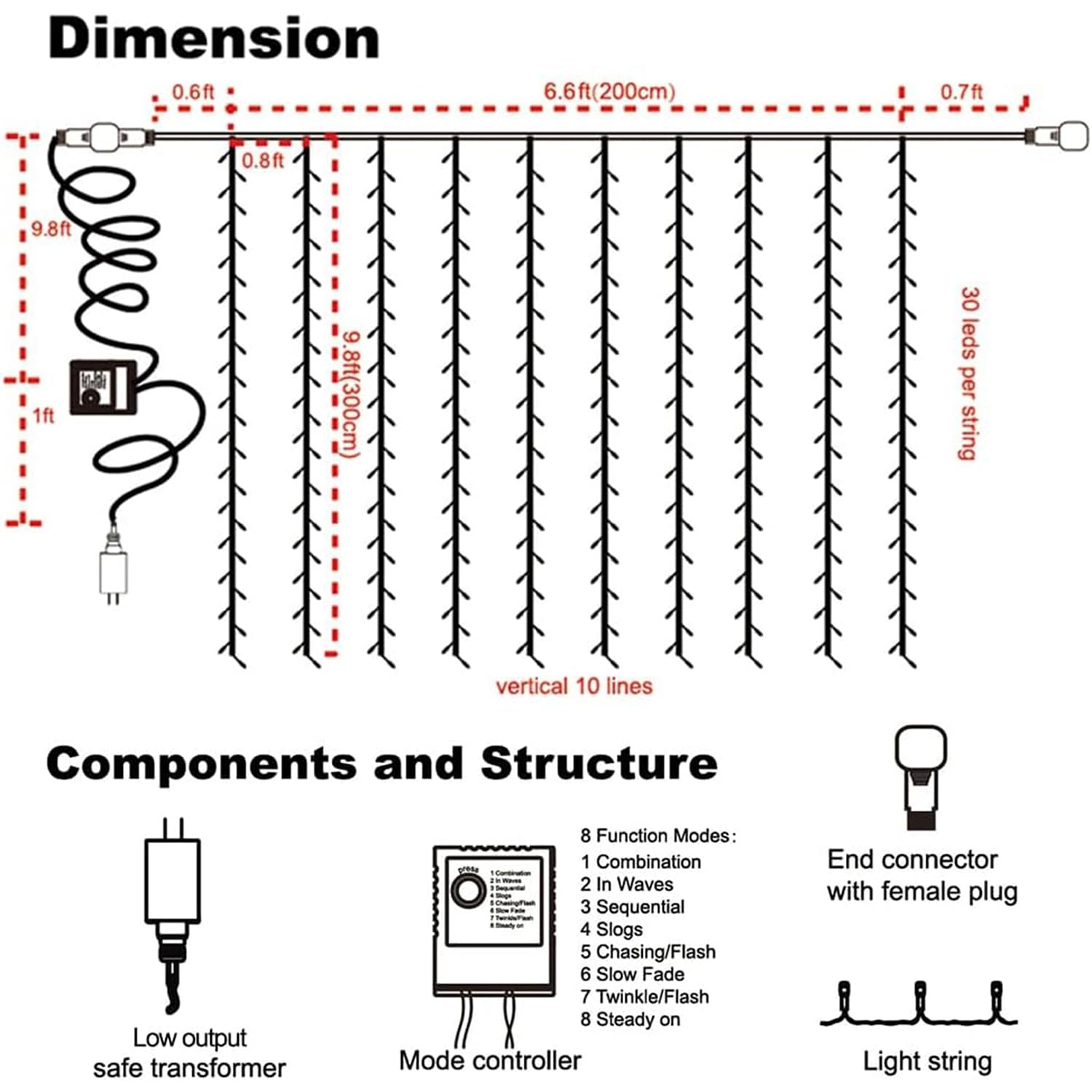 Waterglide 300 Led Curtain Lights, Remote Control Christmas Decorative Hanging String Lights, 8 Lighting Mode, Plug In For Indoor Outdoor Holiday Party Garden Backdrop Wedding Home Decor, Multicolor