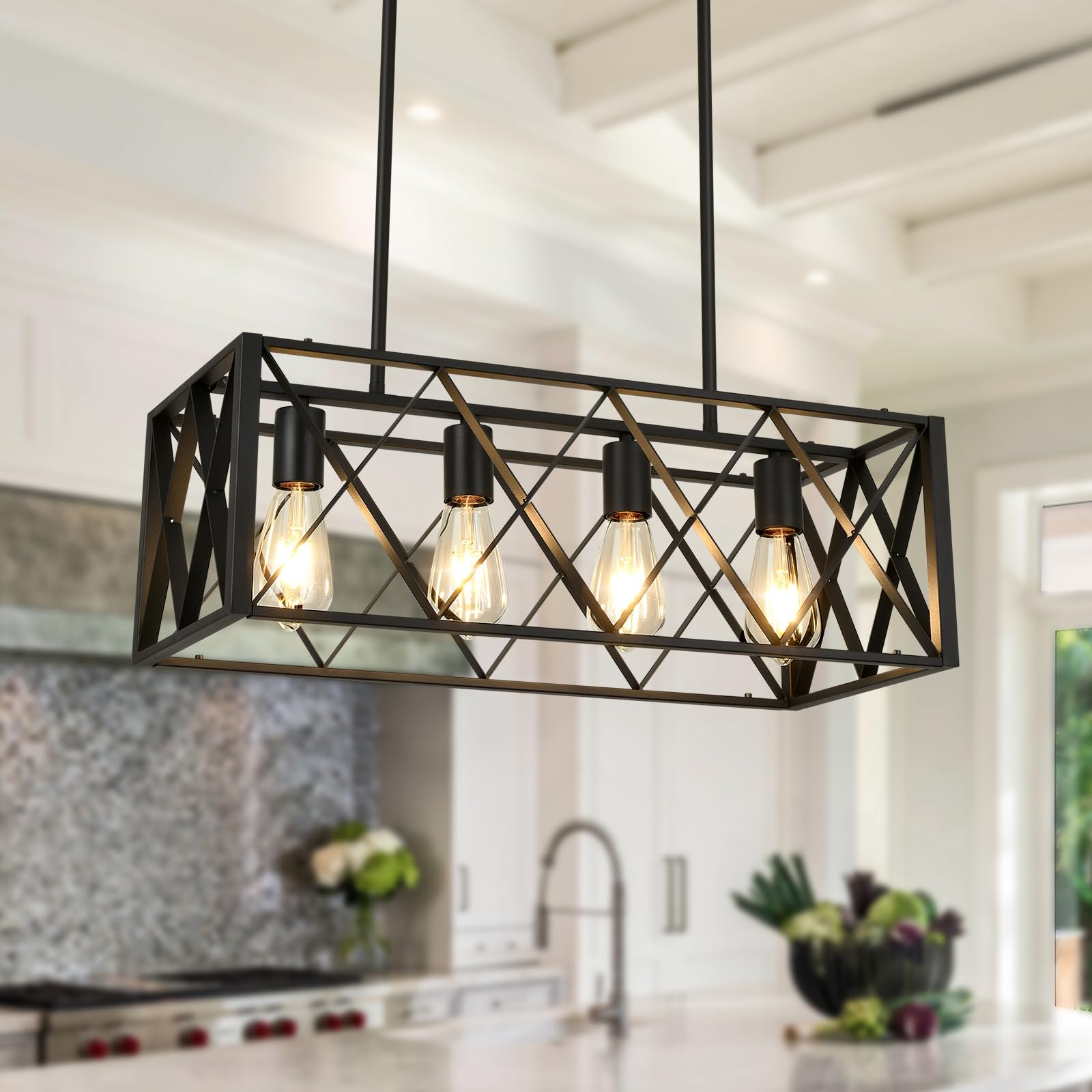 Pretoy Kitchen Light Fixture Black Farmhouse Chandelier For Dining Room Rectangle Kitchen Island Pendant Lighting 4-Light Metal Industrial Linear Chandelier For Living Room