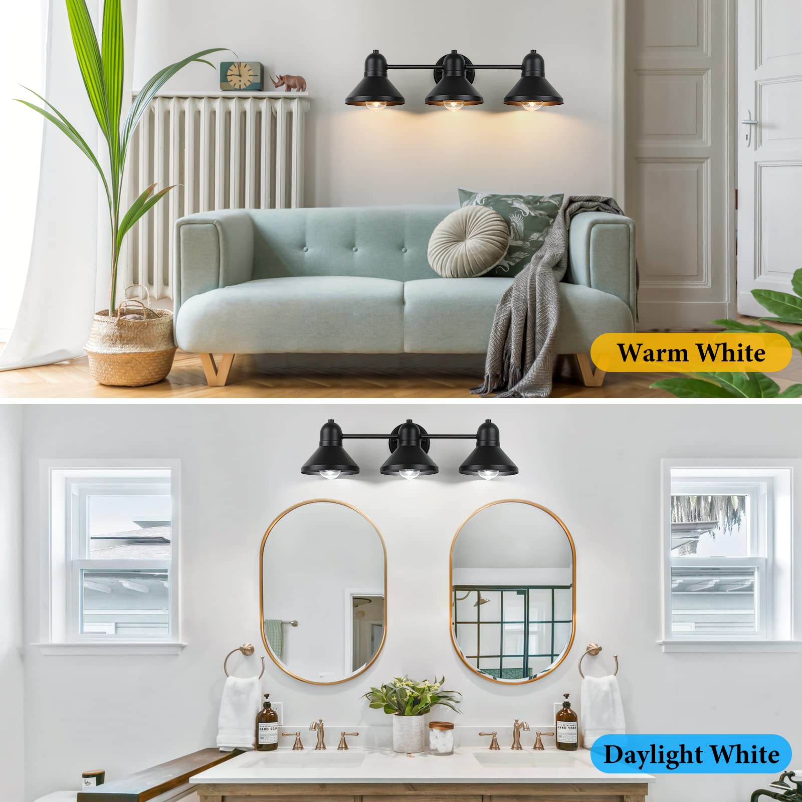 Bathroom Light Fixtures, 3-Light Vanity Light Over Mirror, Matte Black Metal Bathroom Light, Modern Farmhouse Rustic Industrial
