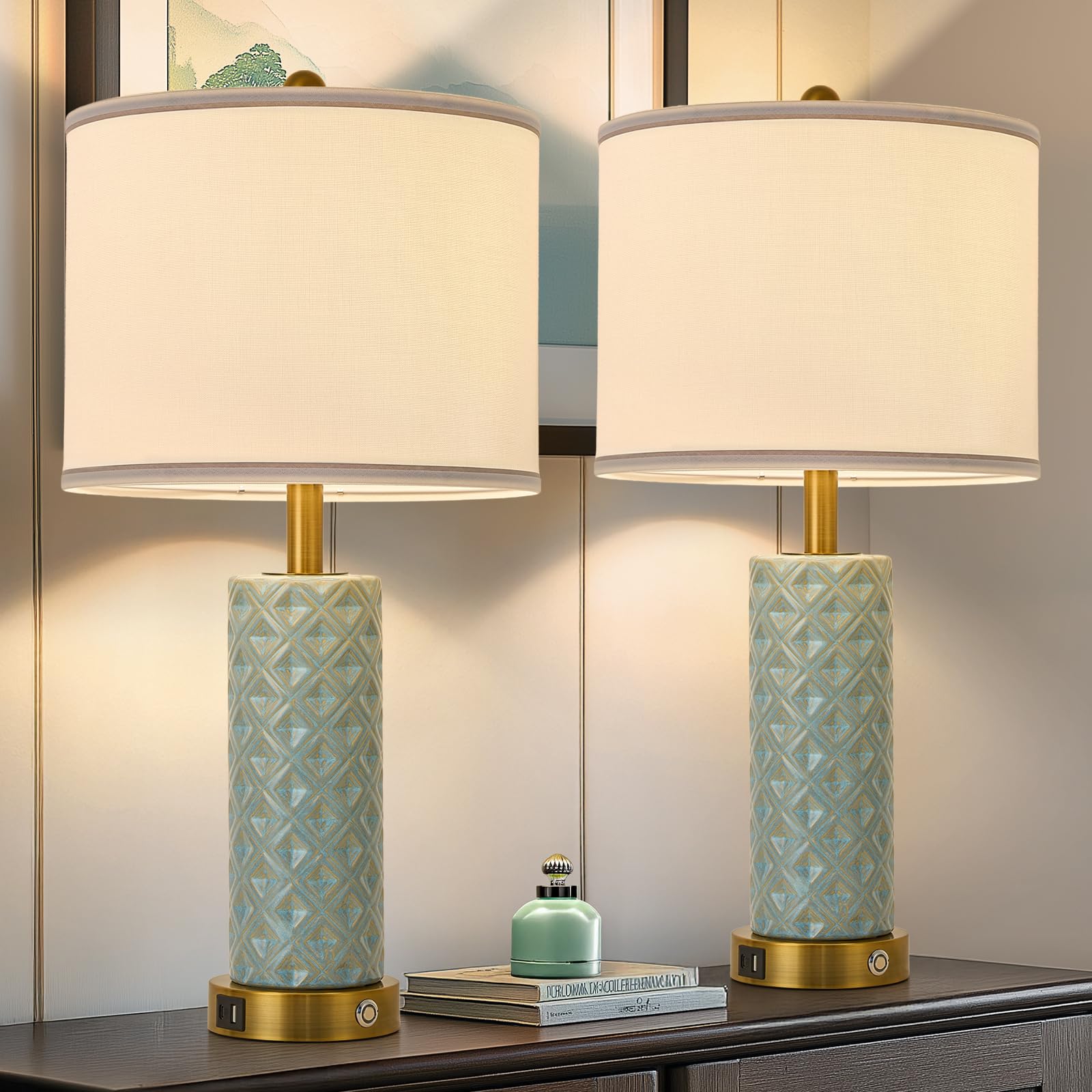 Bdayanx Set Of 2 Table Lamp For Living Room Bedroom Farmhouse,26'' Touch Control Bedroom Spa Blue Ceramic Lamps 3-Way Dimmable B