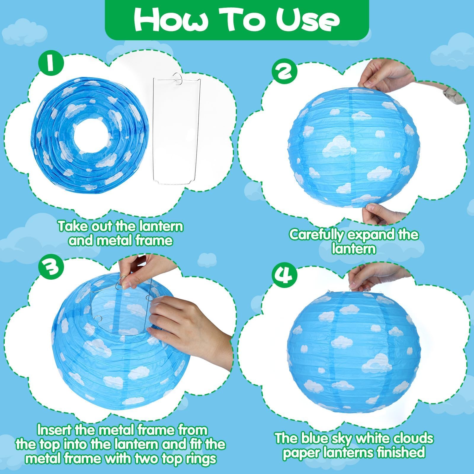 12Pcs Blue Sky White Clouds Paper Lanterns, 10 Inch Blue Party Decorations Hanging Round Paper Lanterns Clouds Theme Party Decor