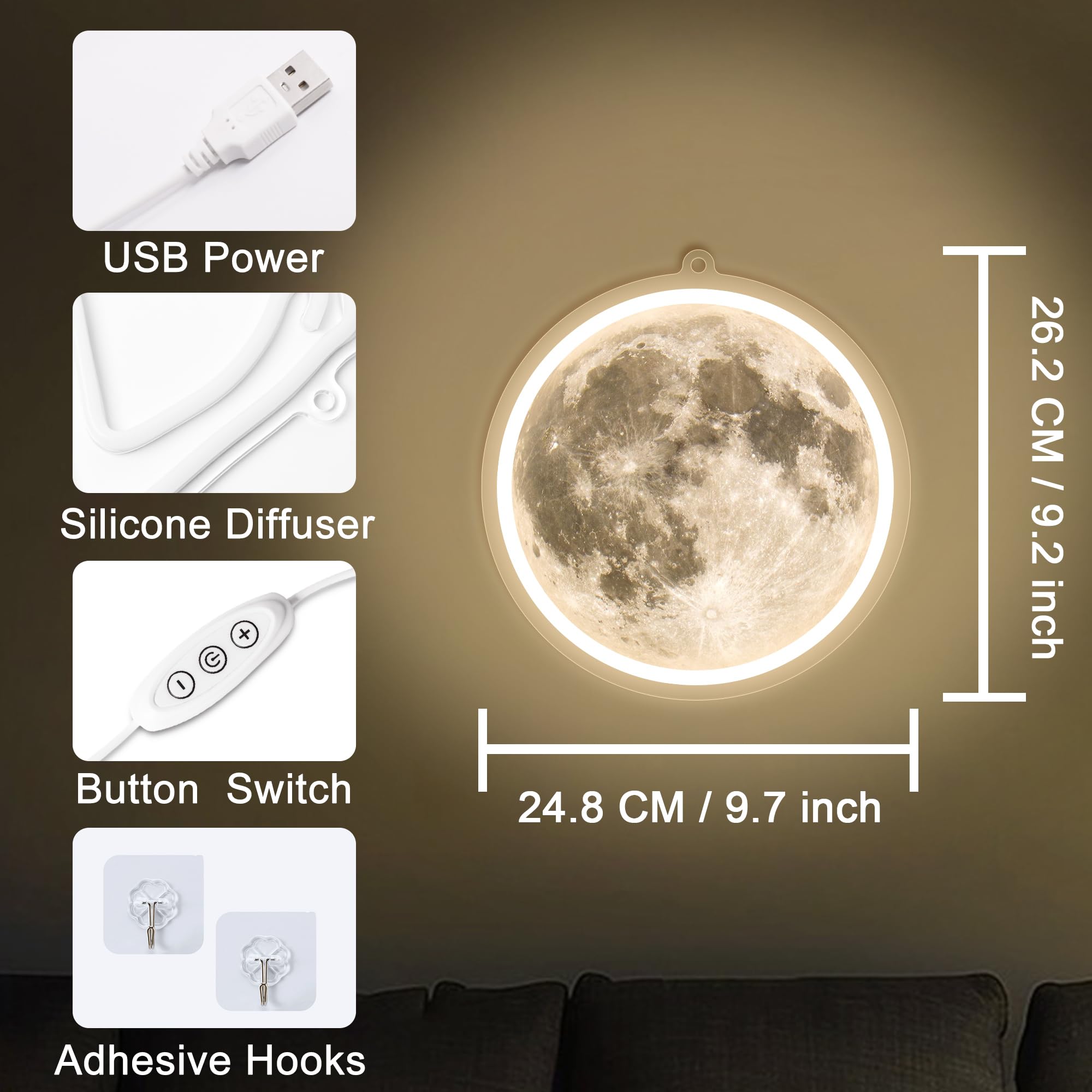 Anywin Moon Neon Sign, Dimmable LED Wall Decor, Acrylic, Model AW-NH016, Moon Light