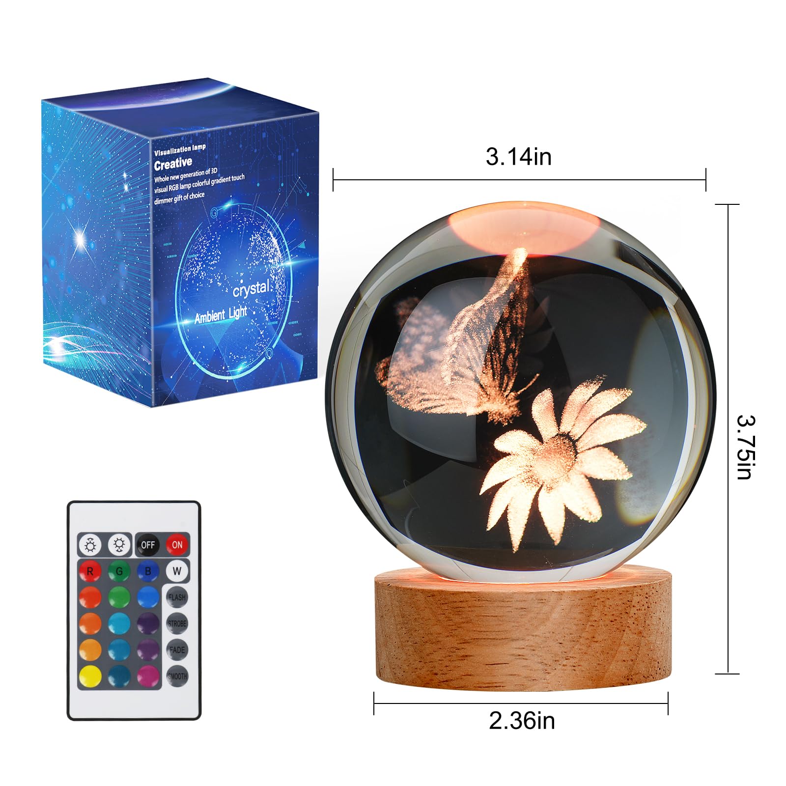 Janarary Large 3D Butterfly Crystal Ball Night Light, 16 Color Changing With Remote, Ideal Gift For Teens Boys And Girls, Butter