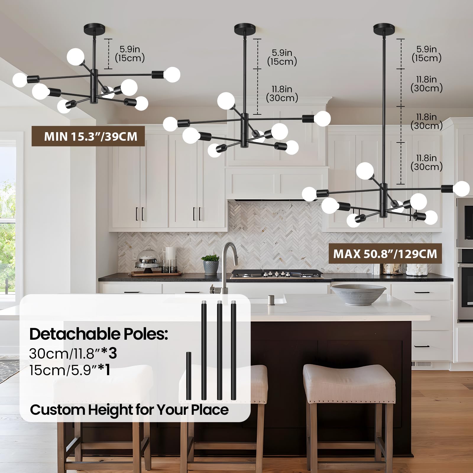 Kaisite Modern Chandelier Sputnik Ceiling Light Fixture Black Chandelier For Bedroom Living Room 8-Light Height Adjustable Dinin