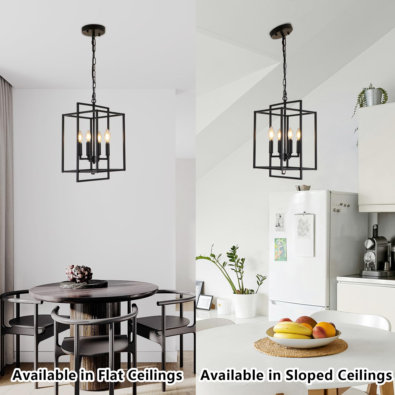 Kmaipem Vintage Black Chandelier, 4-Light Farmhouse Chandeliers For Dining Room, Modern Metal Geometric Lantern Hanging Pendant