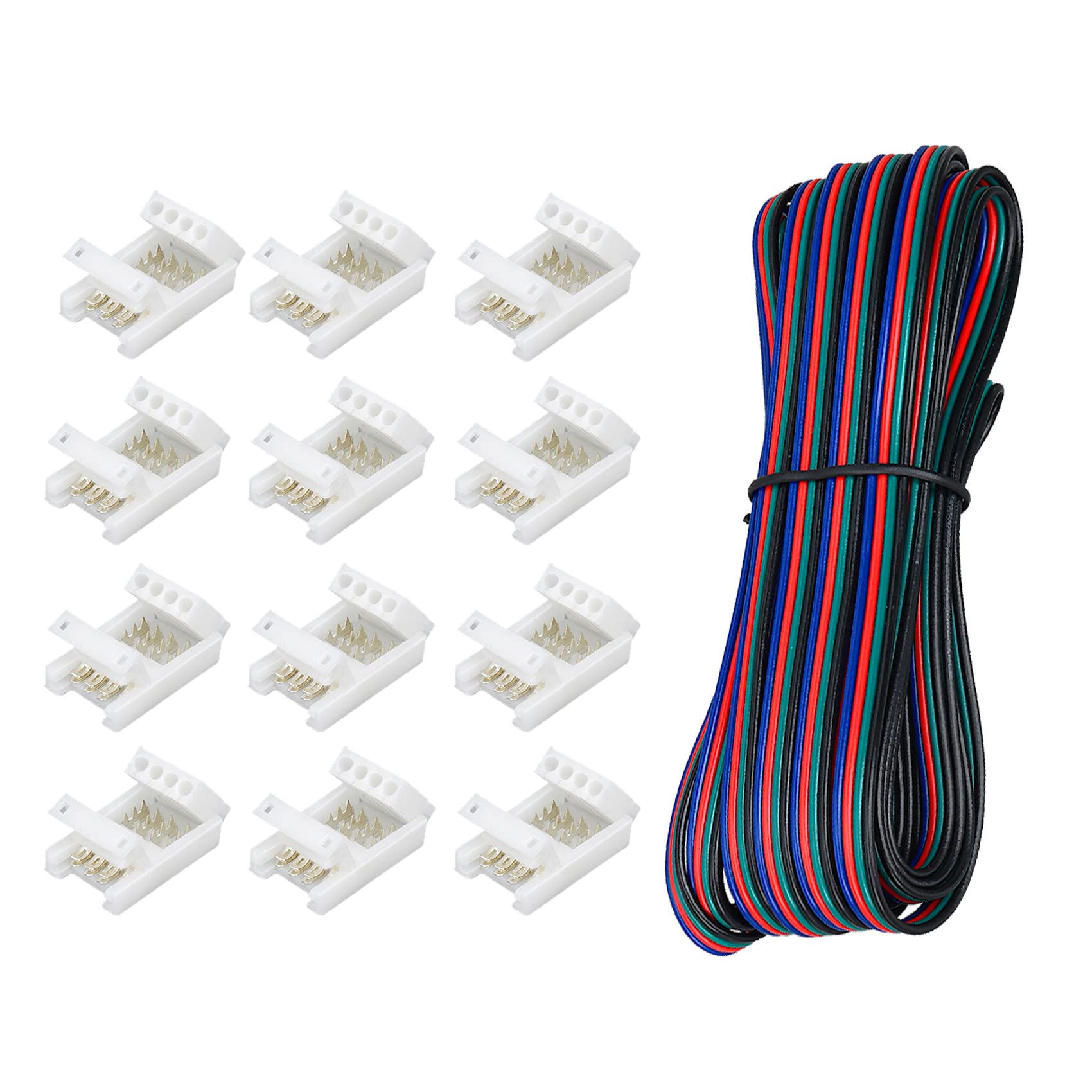 Rifachua 22 Gauge AWG 4 Pin RGB LED Strip Extension Cable Wire Cord 16.4ft and 12 Pcs 10mm RGB LED Strip Light Connectors No Wir