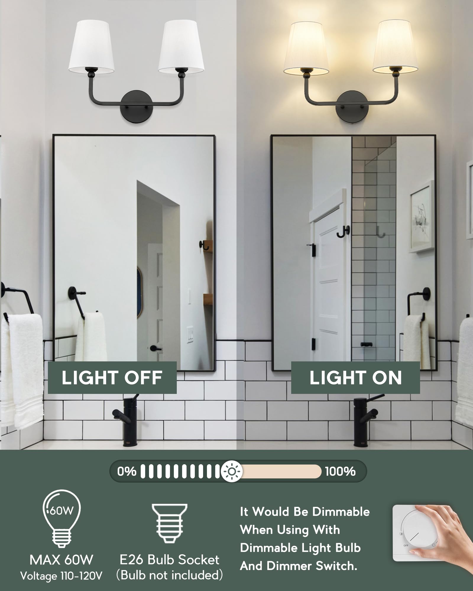METWET 2-Light Bathroom Vanity Light, Modern Matte Black Metal Fixtures with Flared White Fabric Shade for Home, VL837-MB-2