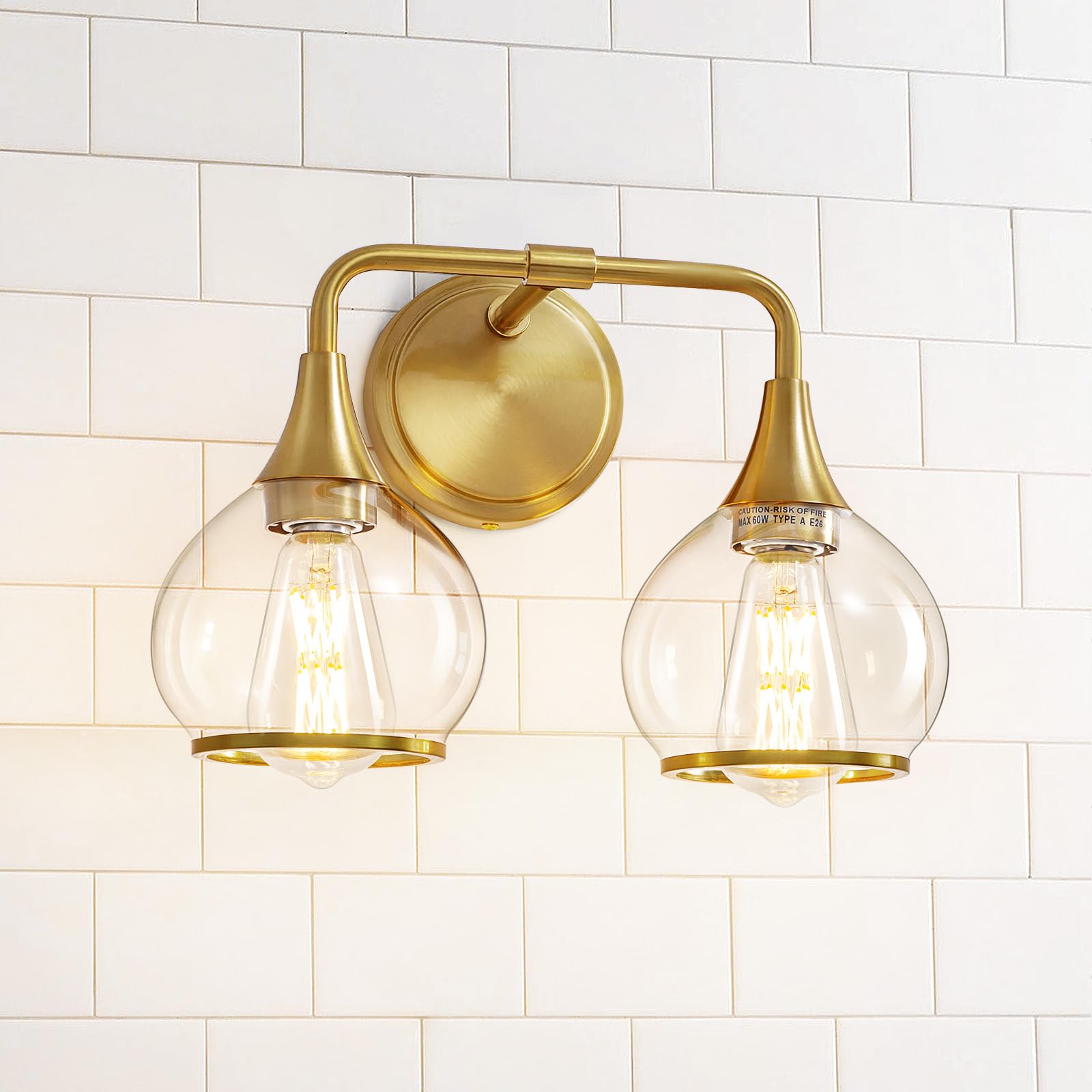 HAHZT Gold Bathroom Light Fixtures, 2-Light Vanity Lights, Clear Glass Shade, Wall Sconces, Model 8033ML