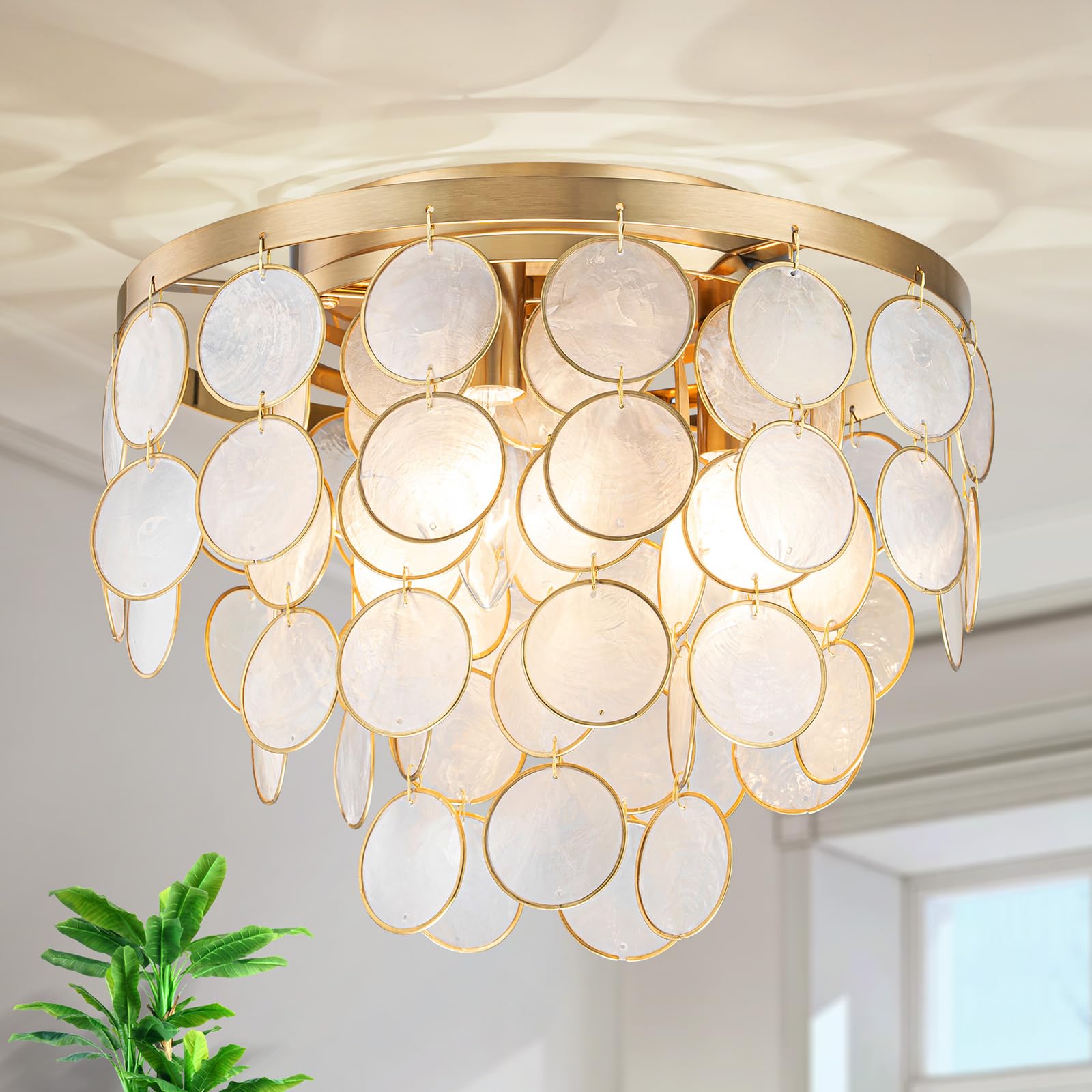 Lumfurn 3-Lights Capiz Shell Ceiling Light, Coastal Design Flushmount Light Fixture For Dining Room, Living Room, Bedroom, True 