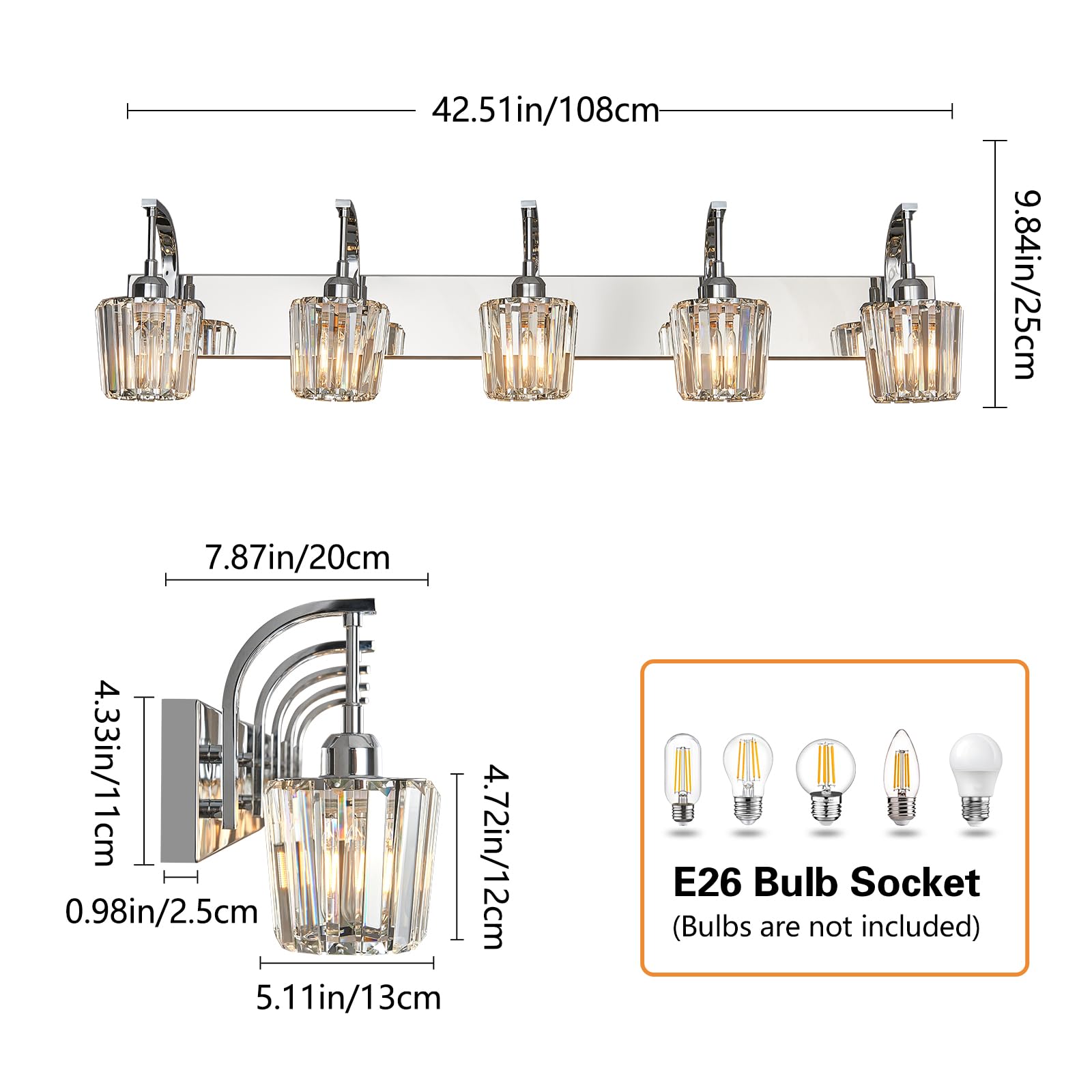 Fdpby Modern Bathroom Vanity Light  5-Light Chrome Wall Sconce With Crystal Accents  Over Mirror Bathroom Lighting Fixture  42.52 Long Dimmable Vanity Lamp For Makeup  Easy Installation
