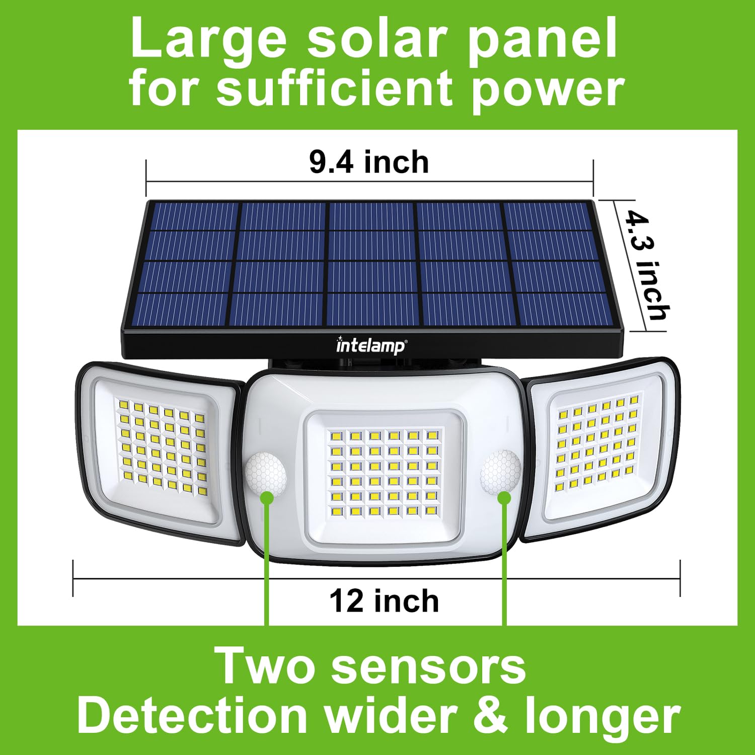 intelamp Solar Security Lights, LED Motion Sensor Floodlights, 6000mAh, 2 Pack, IP65 Waterproof, White, 3 Lighting Modes, Model 12C