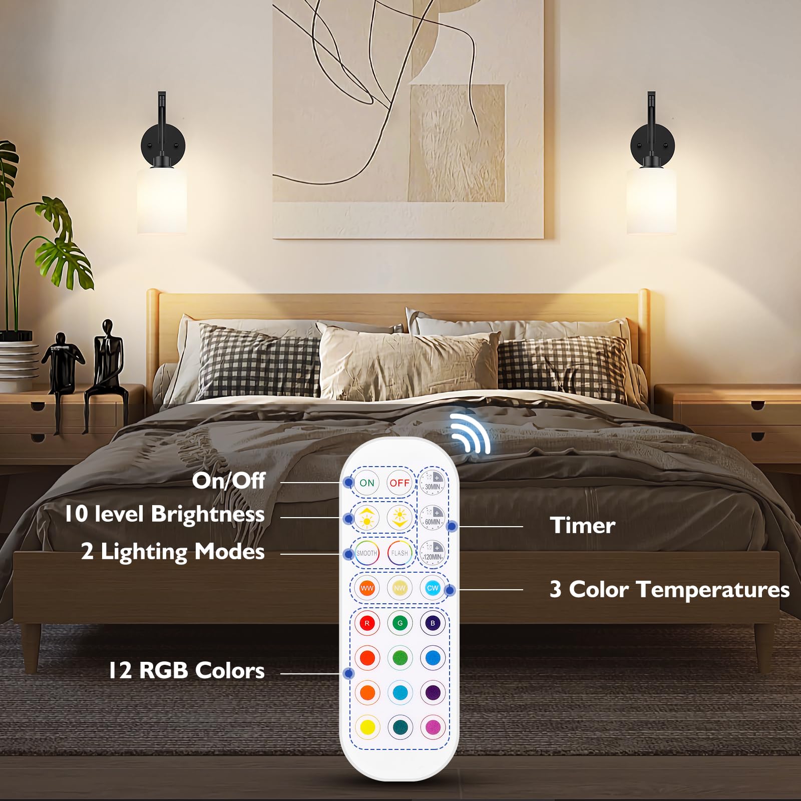 Battery Operated Wall Sconce Set Of 2, Wireless Rechargeable Wall Lights, Glass Wall Lamps With Remotes And Dimmable Rgb Led Bulbs, No Wiring Indoor Sconces Wall Decor For Bedroom Living Room Hallway
