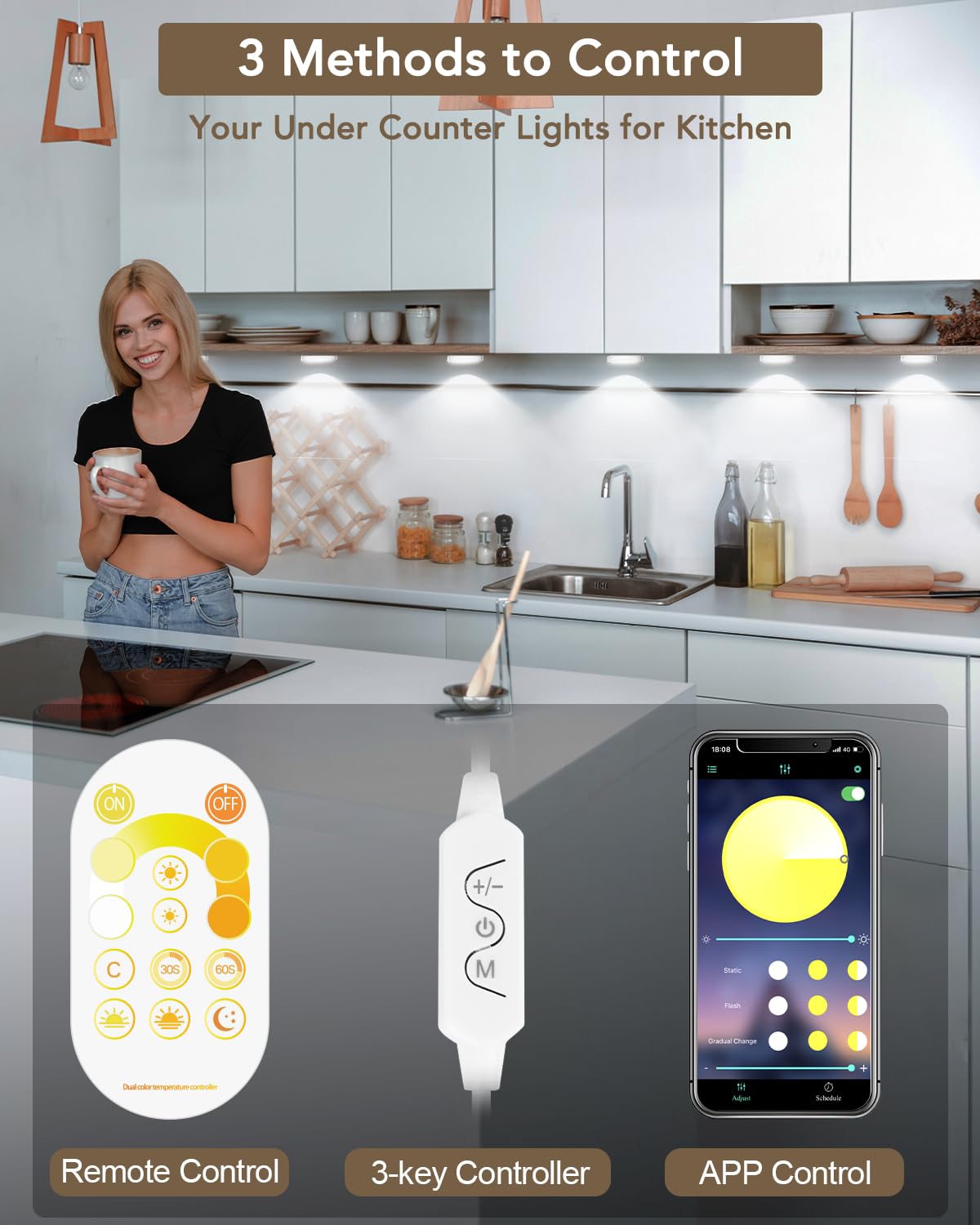 Keshu Under Cabinet Lights Plug In, Dimmable White Led Under Cabinet Lighting Hardwired Closet Lights, Smart Bluetooth App Remot