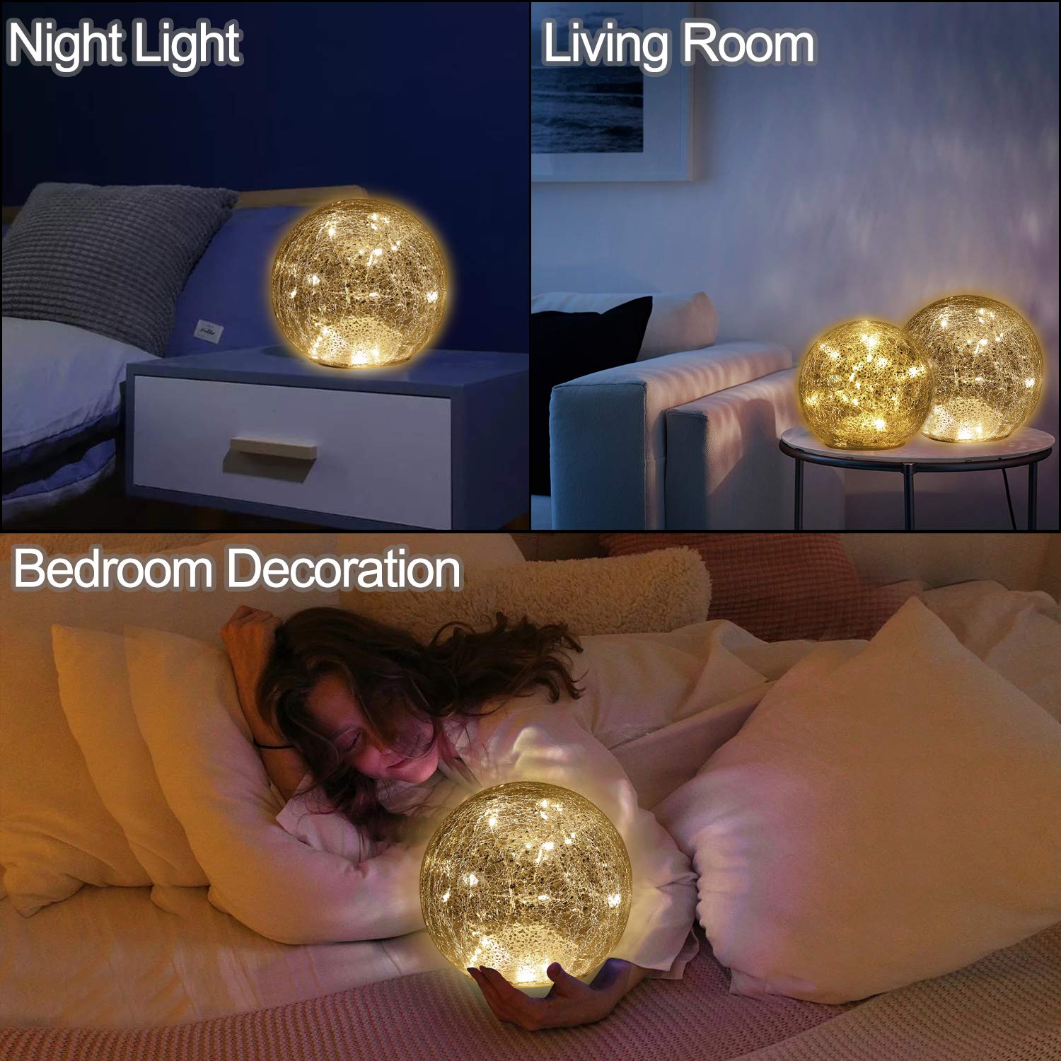 IdealXmas Glass Mercury Crackle LED Globe Ball Lamp - Battery Operated Night Light, Warm White, Model CA3291, Perfect for Gifts and Decor