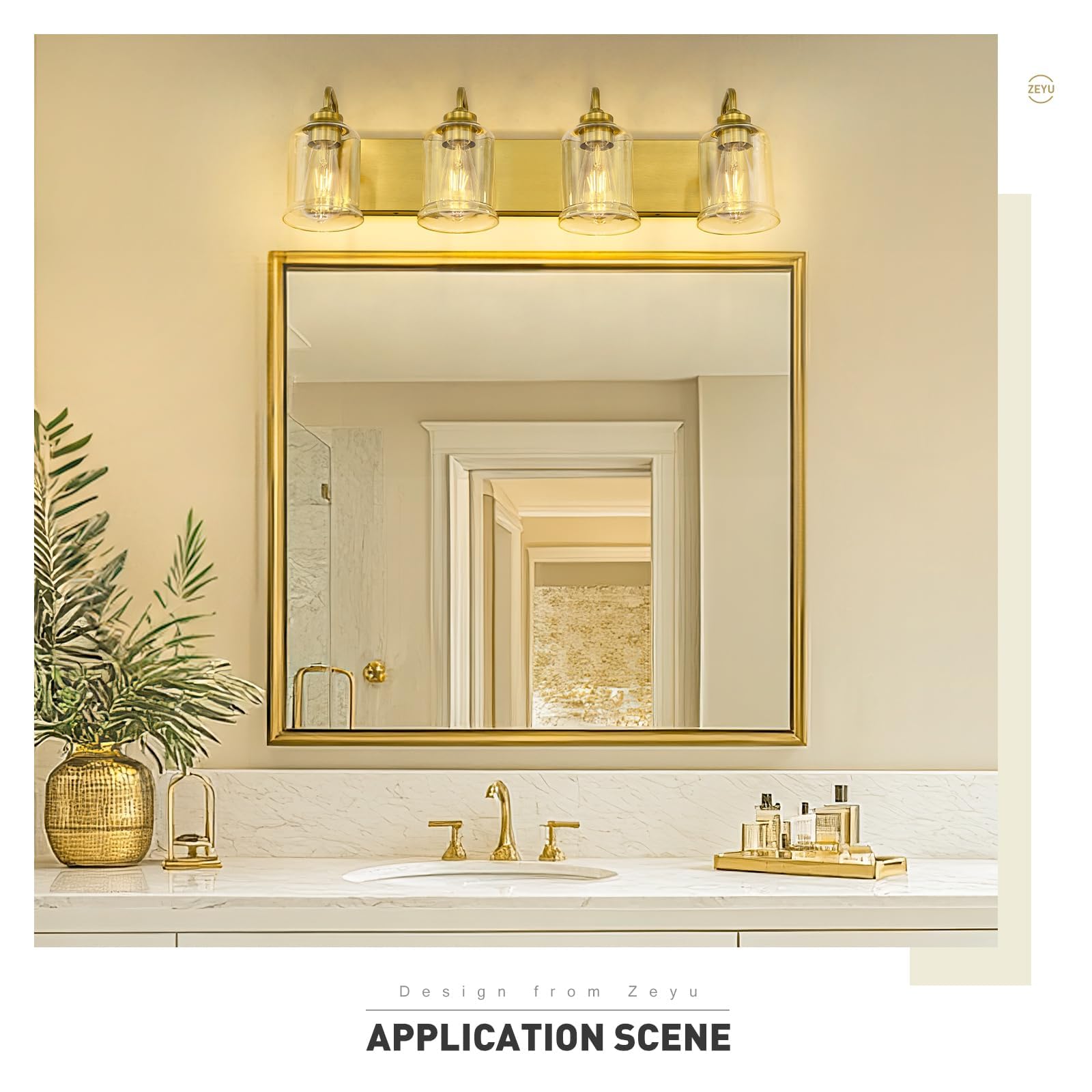 zeyu 4-Light Brushed Gold Vanity Light, Modern Metal Wall Sconces with Clear Glass Shade, Model ZSL72B-4W BG