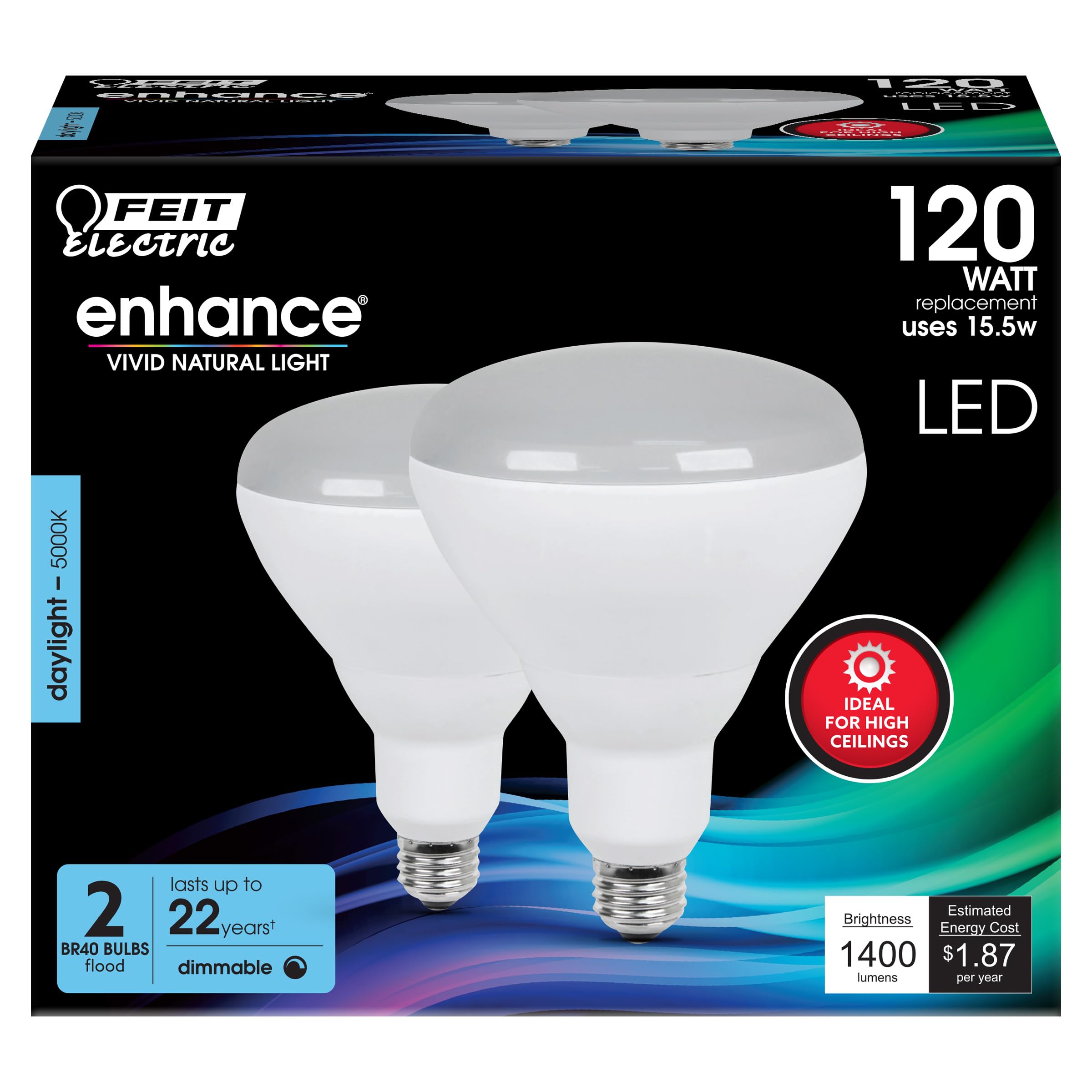 Feit Electric Br40 Led Light Bulbs, 120W Equivalent, Dimmable, E26 Medium Base, 1400 Lumens, 5000K Daylight, 90 Cri, 15.5-Watt H