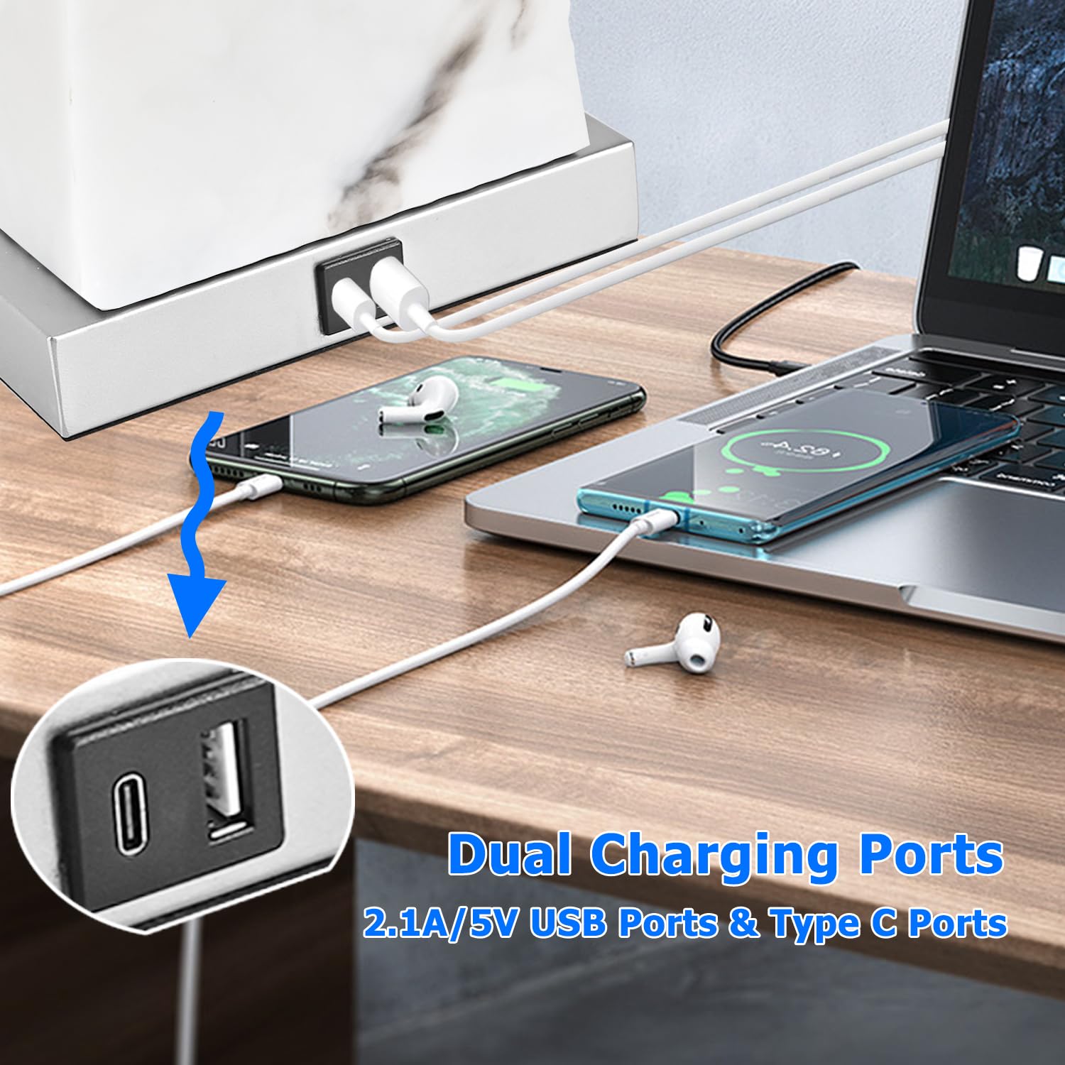 Momyofdy 24&quot; Silver Table Lamp Set Of 2, Usb Ports, 3-Way Dimmable, Faux Silk