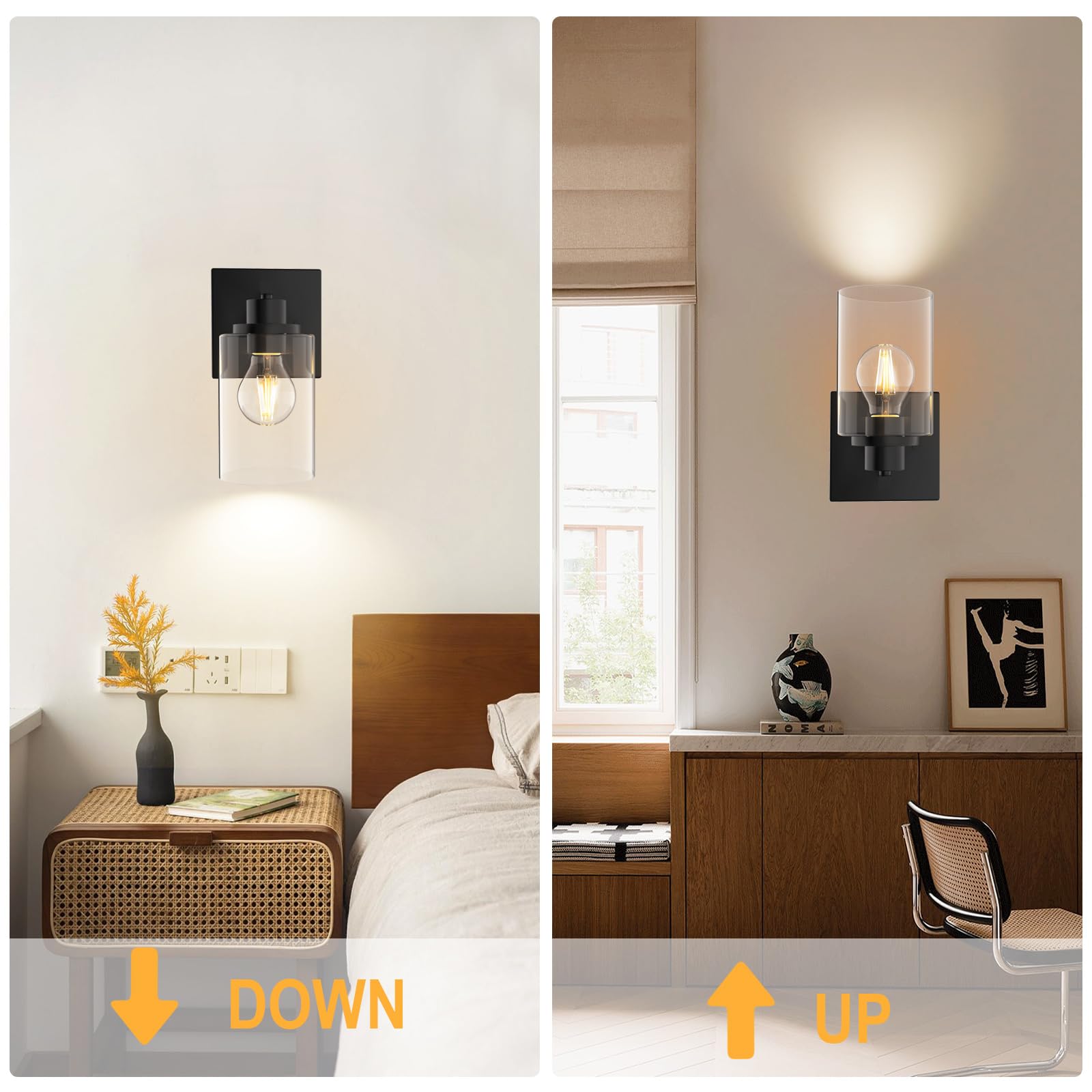 Wall Sconces Set Of 2 Matte Black Vanity Lights For Bathroom, Modern Wall Light Fixtures Sconce Lights Indoor With Clear Glass Farmhouse Wall Mount Lamp For Bedroom Mirror Living Room Hallway E26 Base
