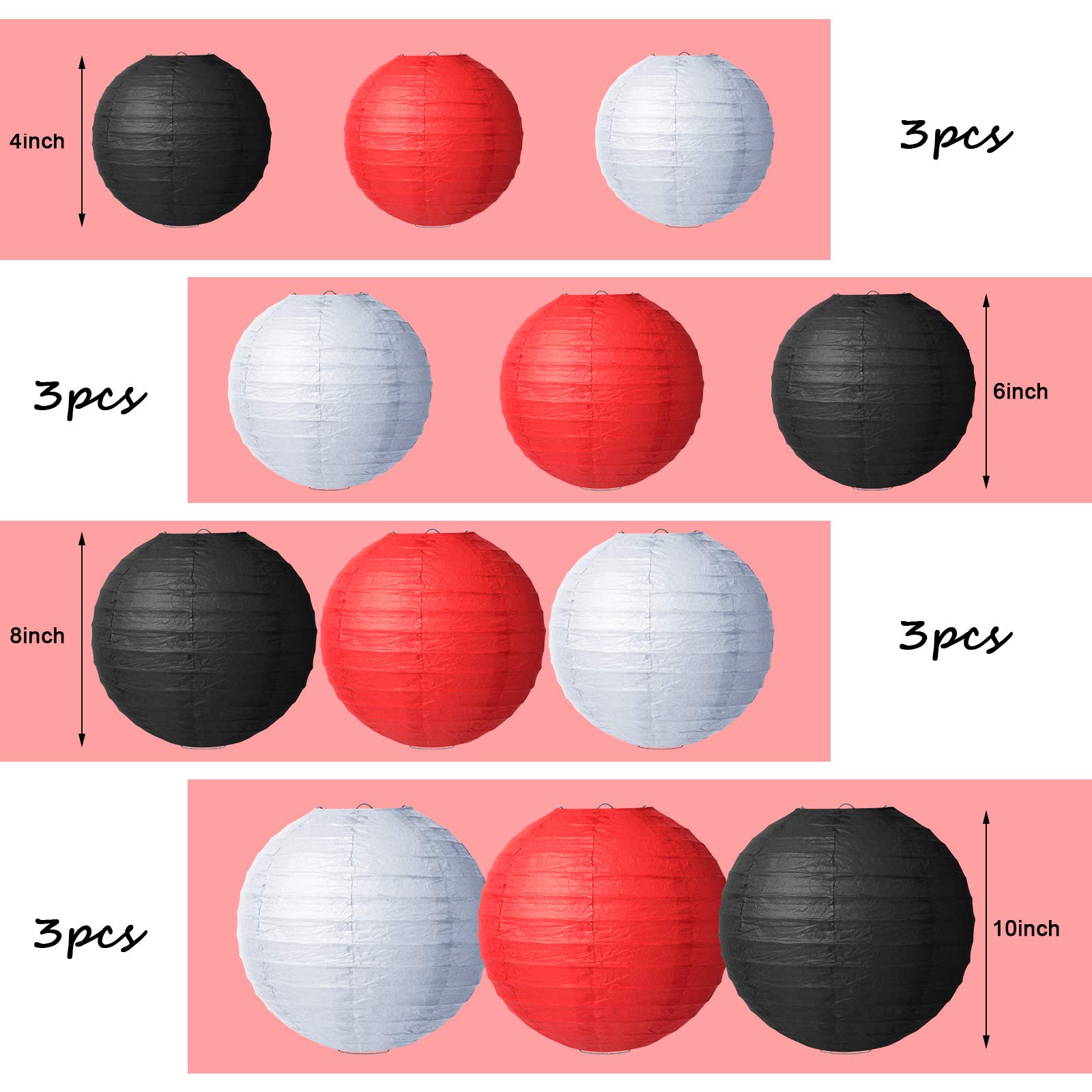 Tenare 12 Pcs Round Paper Lanterns - Black, White, Red - Decorative Hanging For Weddings & Parties
