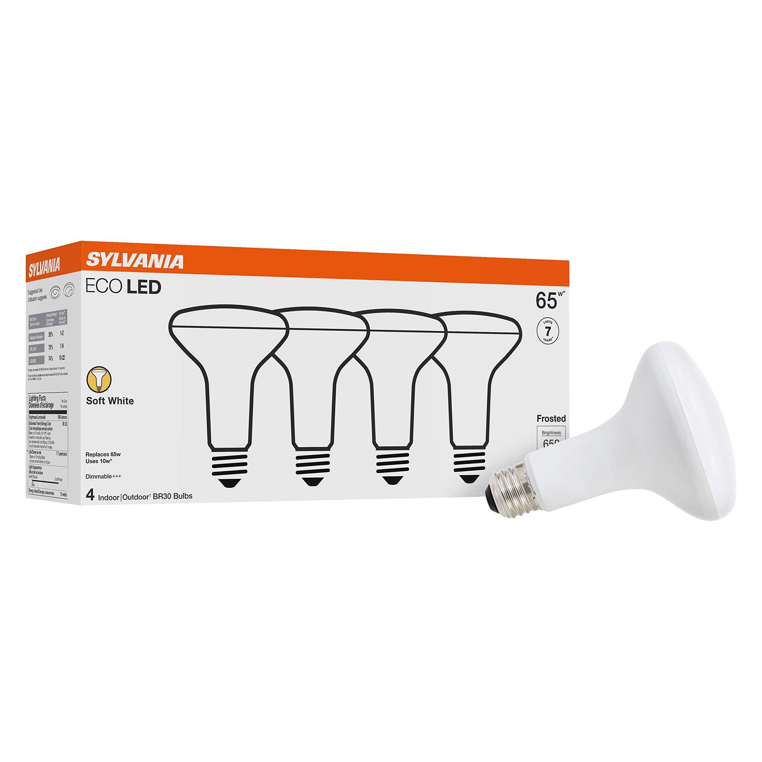 Sylvania Eco Led Br30 Light Bulb, 65W = 10W, Dimmable, Frosted Finish, 650 Lumens, 2700K, Soft White - 4 Pack (40870)