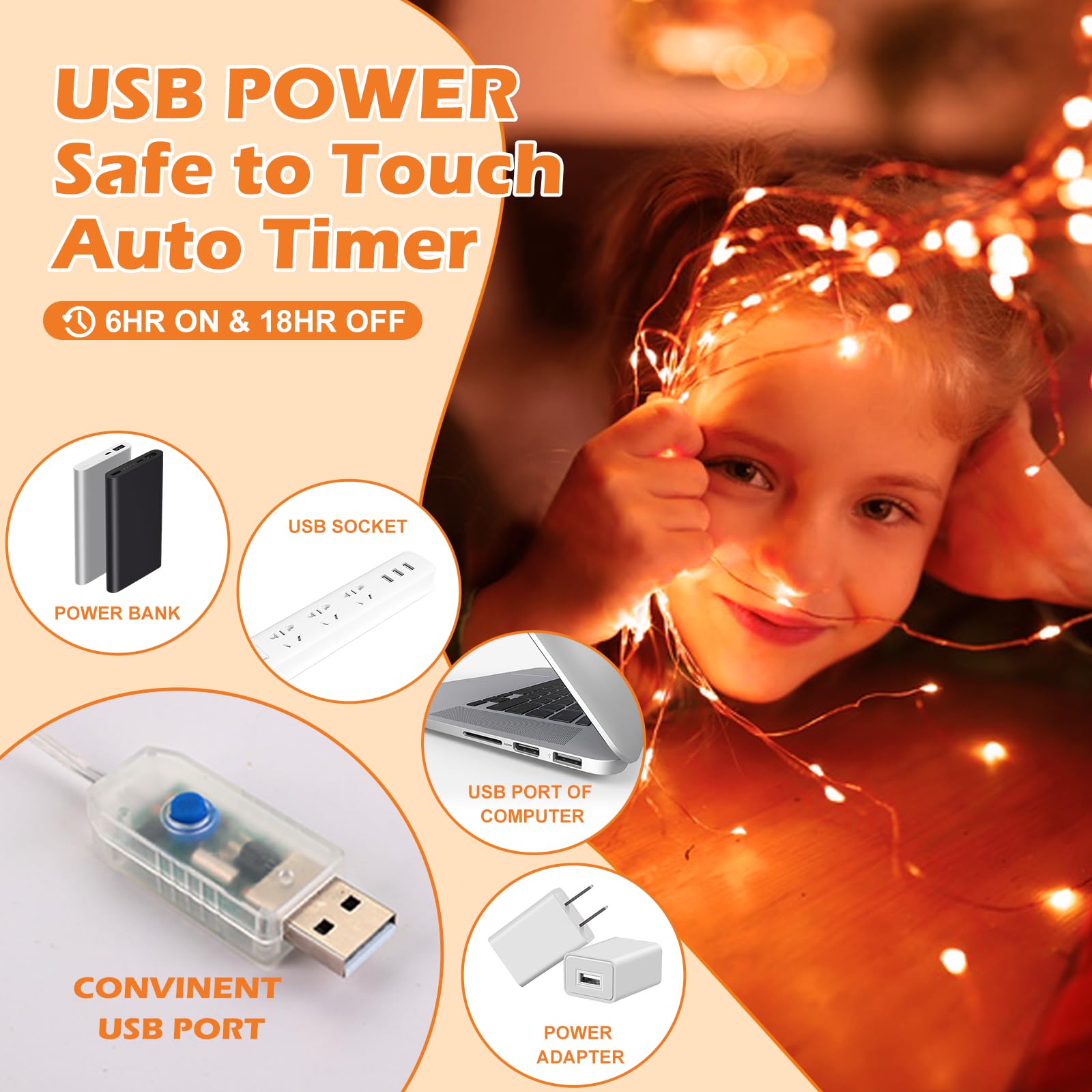 Ehome String Lights, Usb Fairy Lights Plug In 33 Ft 100 Led Twinkle String Lights Silver Wire Lights With Remote And Timer 8 Modes Outdoor Indoor Waterproof Starry Lights Diy Party Wedding, Orange