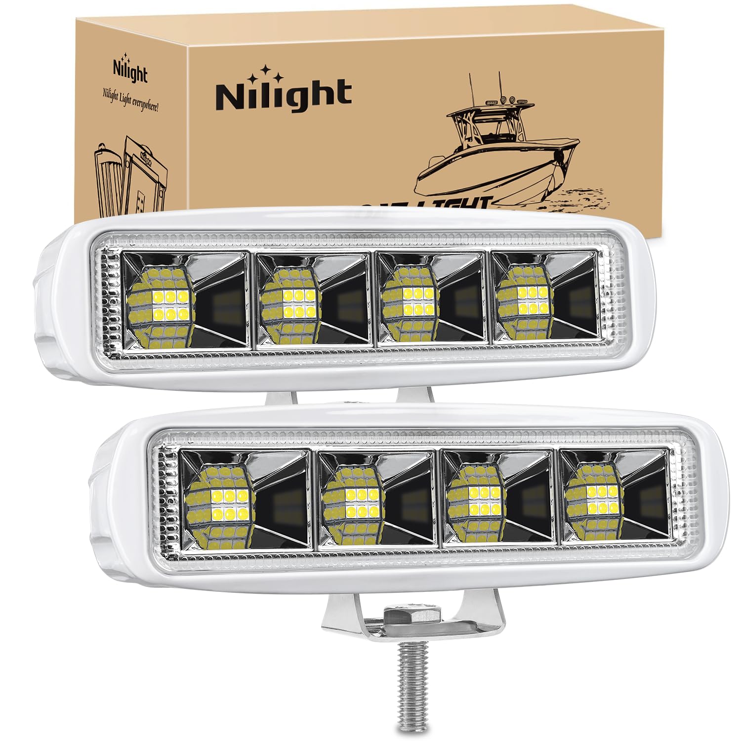Nilight Marine Led Pods Navigation Lights 2Pcs 72W White Flood Beam Ponton Boat Deck Dock Lights For Night Fishing T-Top Stern Y