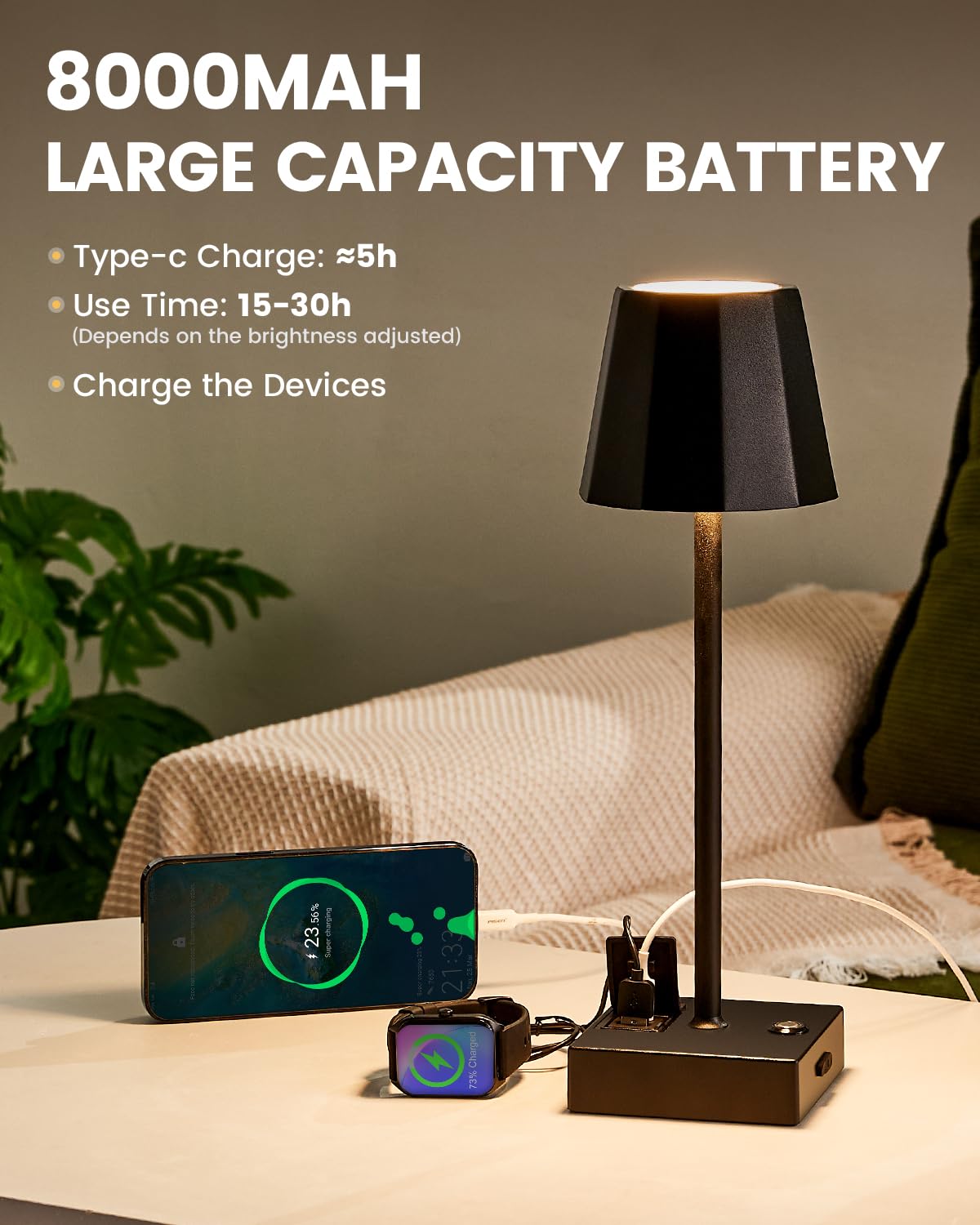 Niaycouky Cordless Table Lamp - 8000Mah Rechargeable, Touch Control, 3 Color Dimming, Black