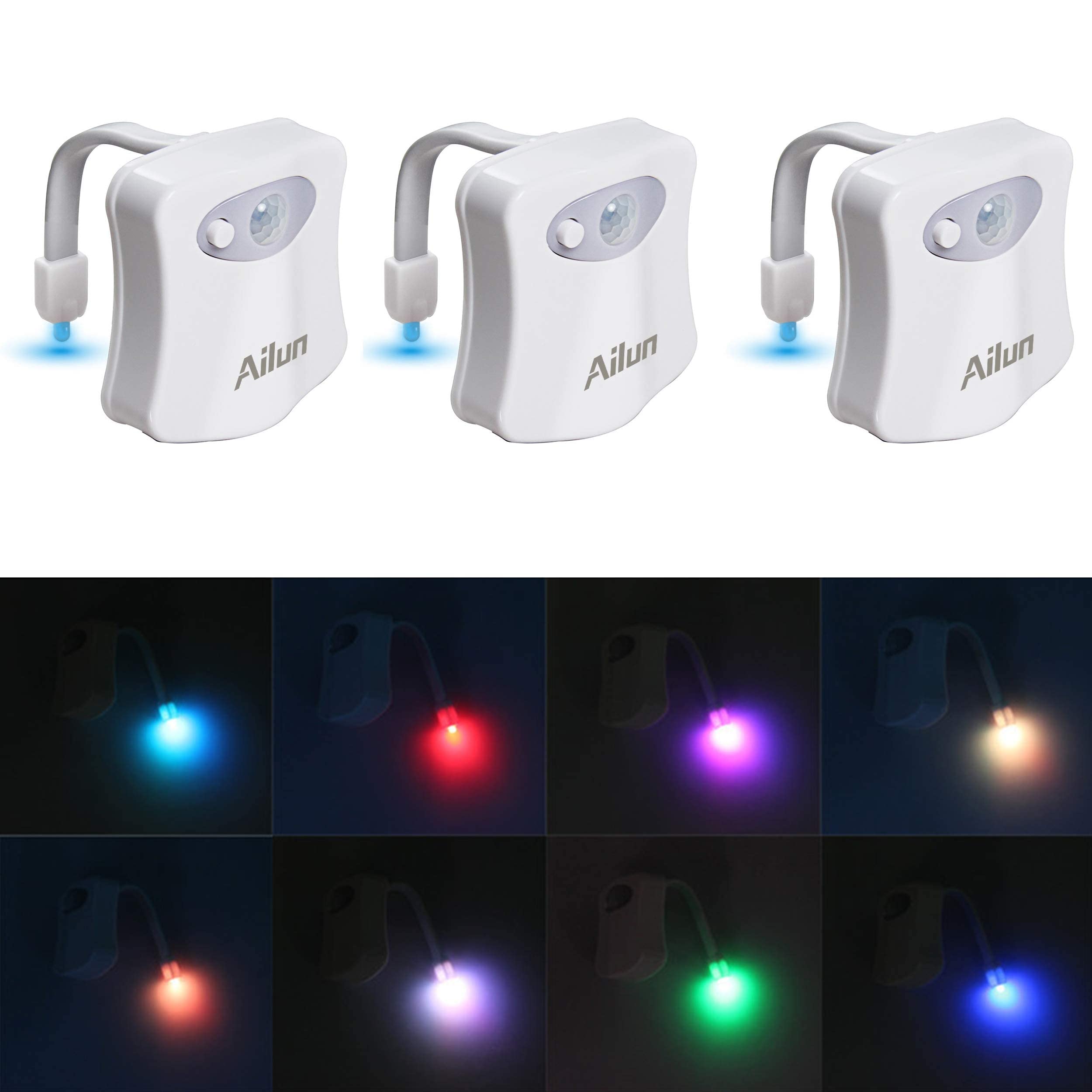 Ailun Toilet Night Light 3-Pack, Motion Activated LED, 8 Color Changing, White, Plastic, Model: Ailun_ToiletLight_3Pack_WhiteFBA