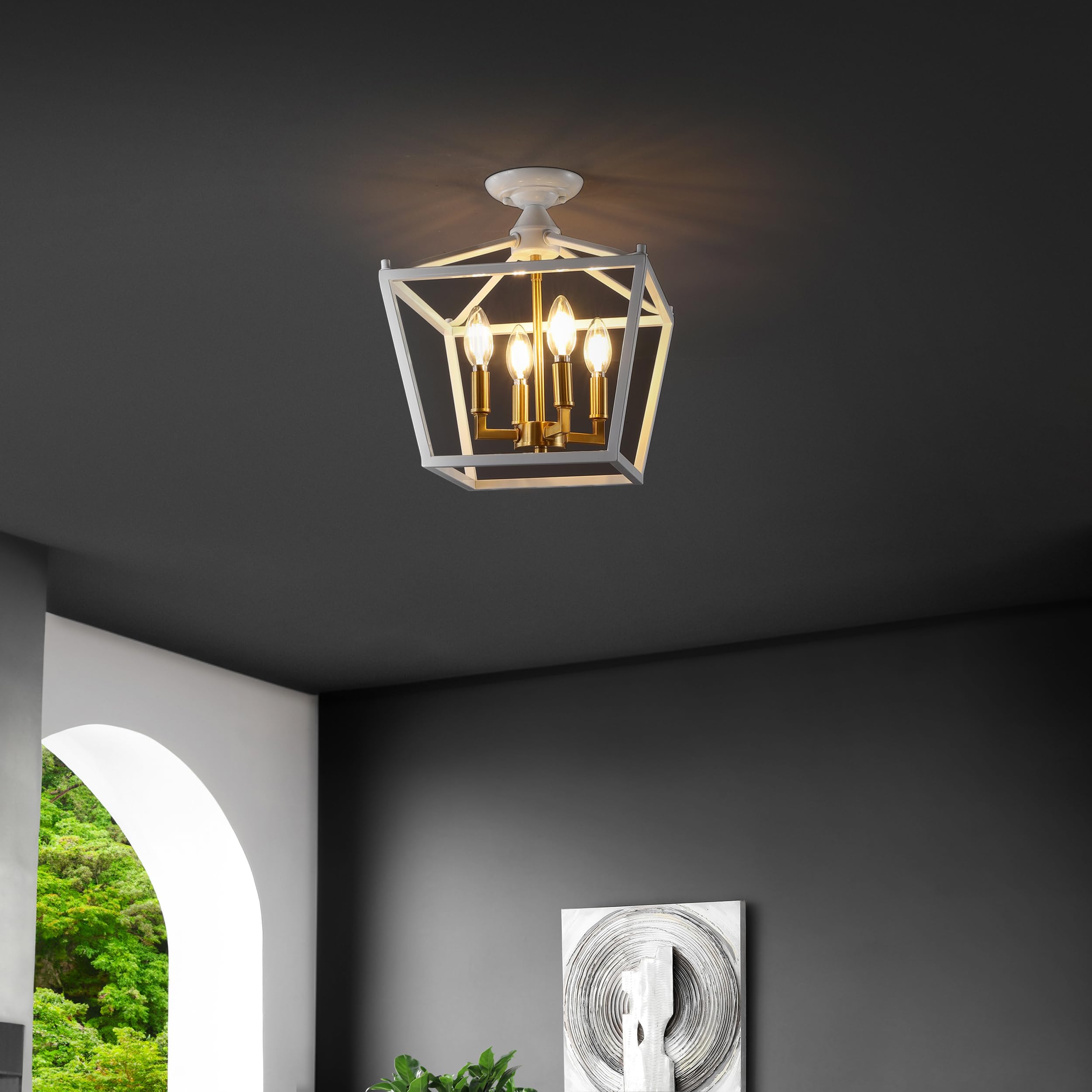 JONATHAN Y Plains Mini Lantern 4-Light LED Flush Mount 12in Metal White/Brass Gold Model JYL7610F