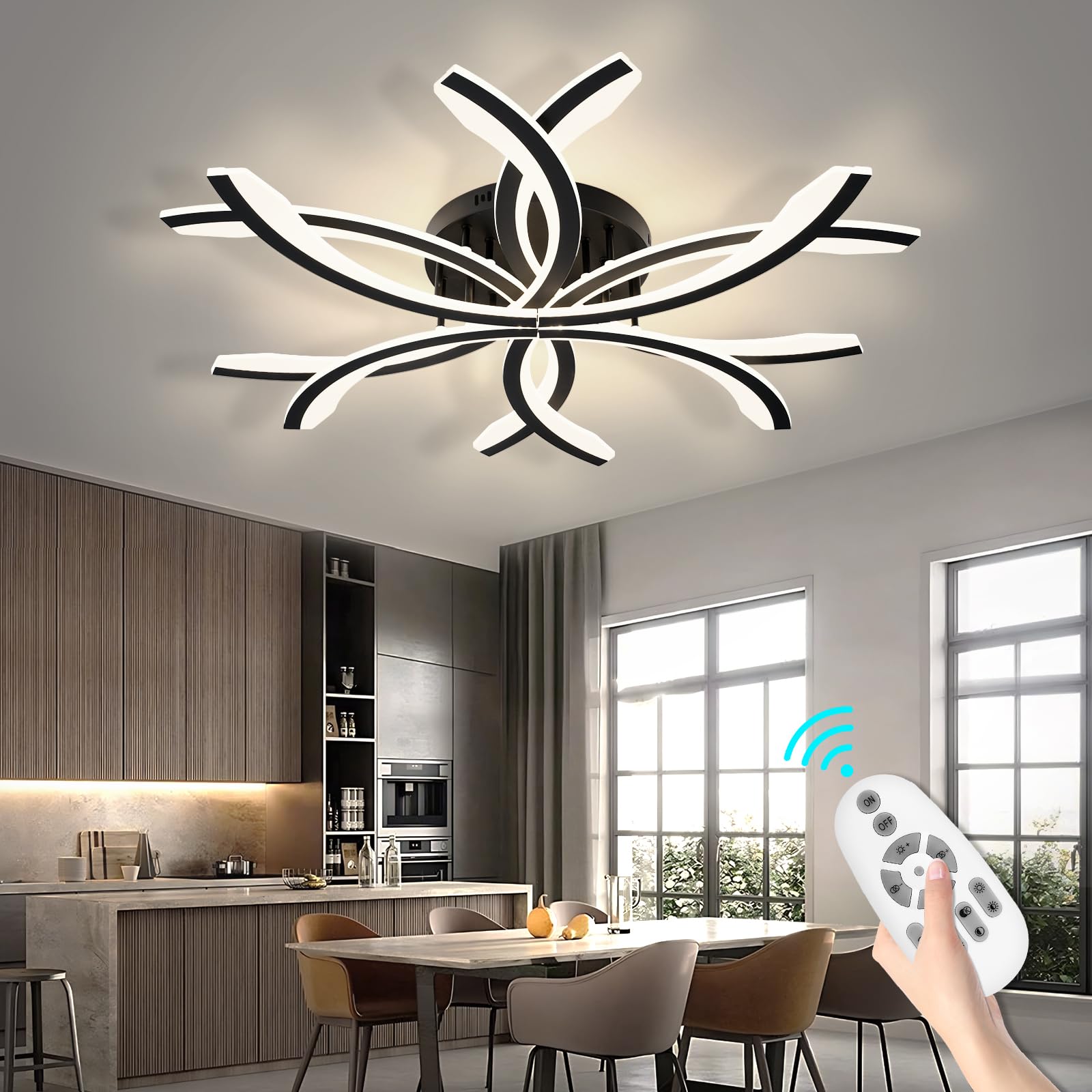 SEABLE Modern LED Flush Mount Ceiling Light - 12 Lights Dimmable Close-to-Ceiling Fixture with Remote Control  144W 3000K-6500K Adjustable Color Temperature (Black)