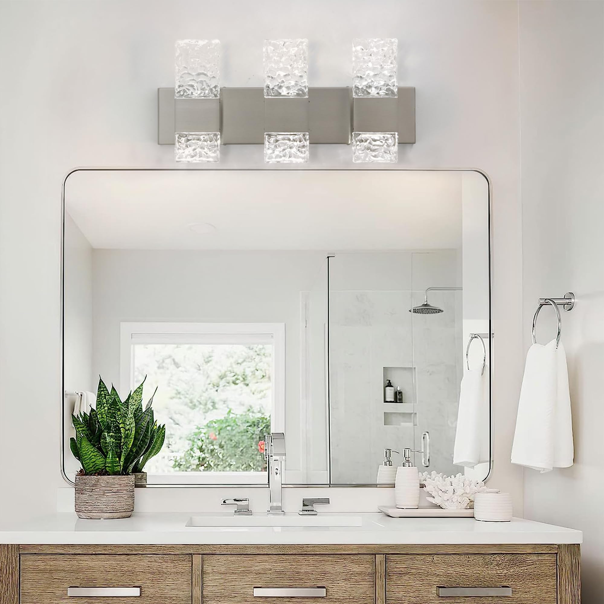 Oylyw Brushed Nickel Bathroom Vanity Light Fixture, 3 Lights, Dimmable Led Over Mirror Lighting