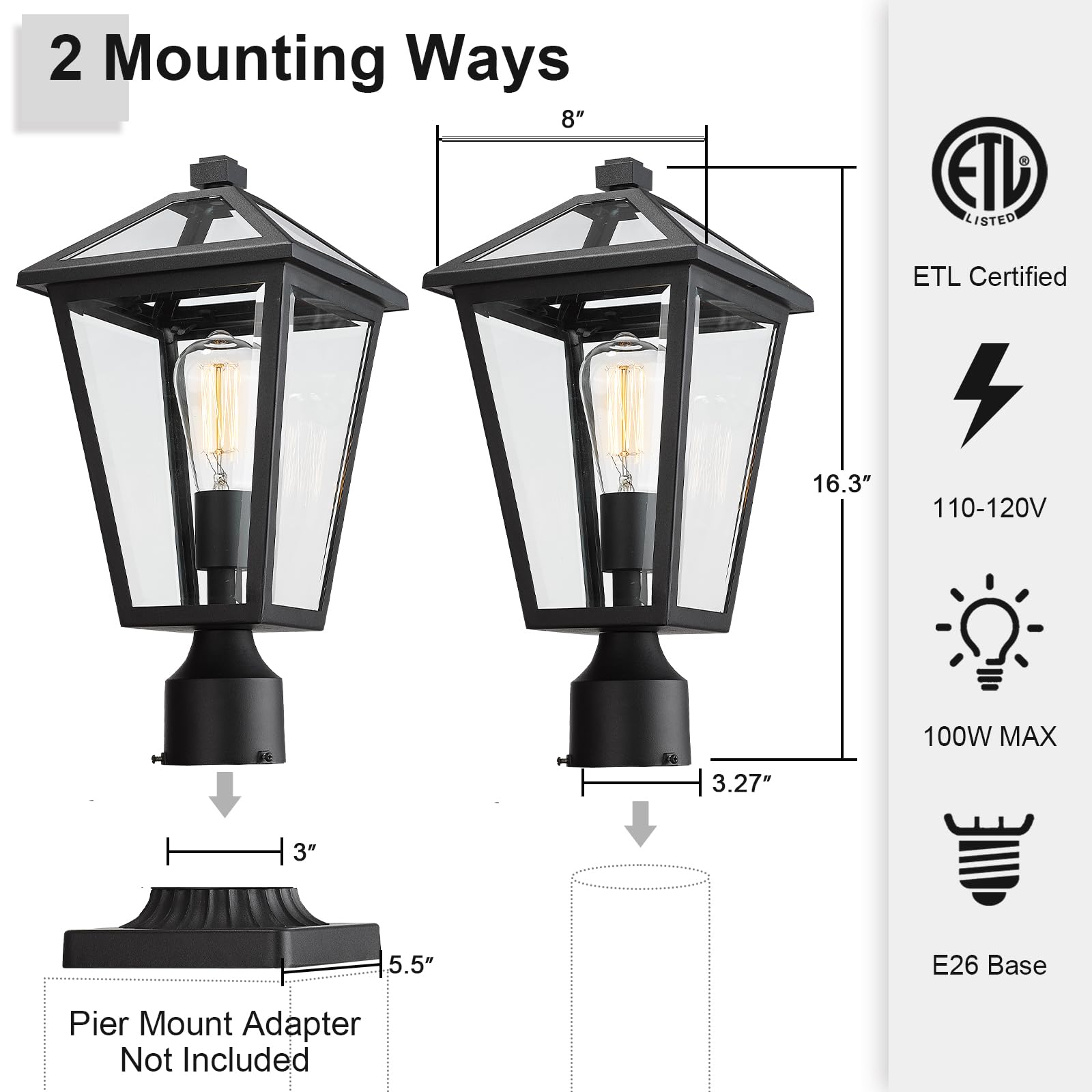 Luminzone Outdoor Post Light Fixture, Waterproof Aluminum Lamp For Walkway & Patio, Matte Black